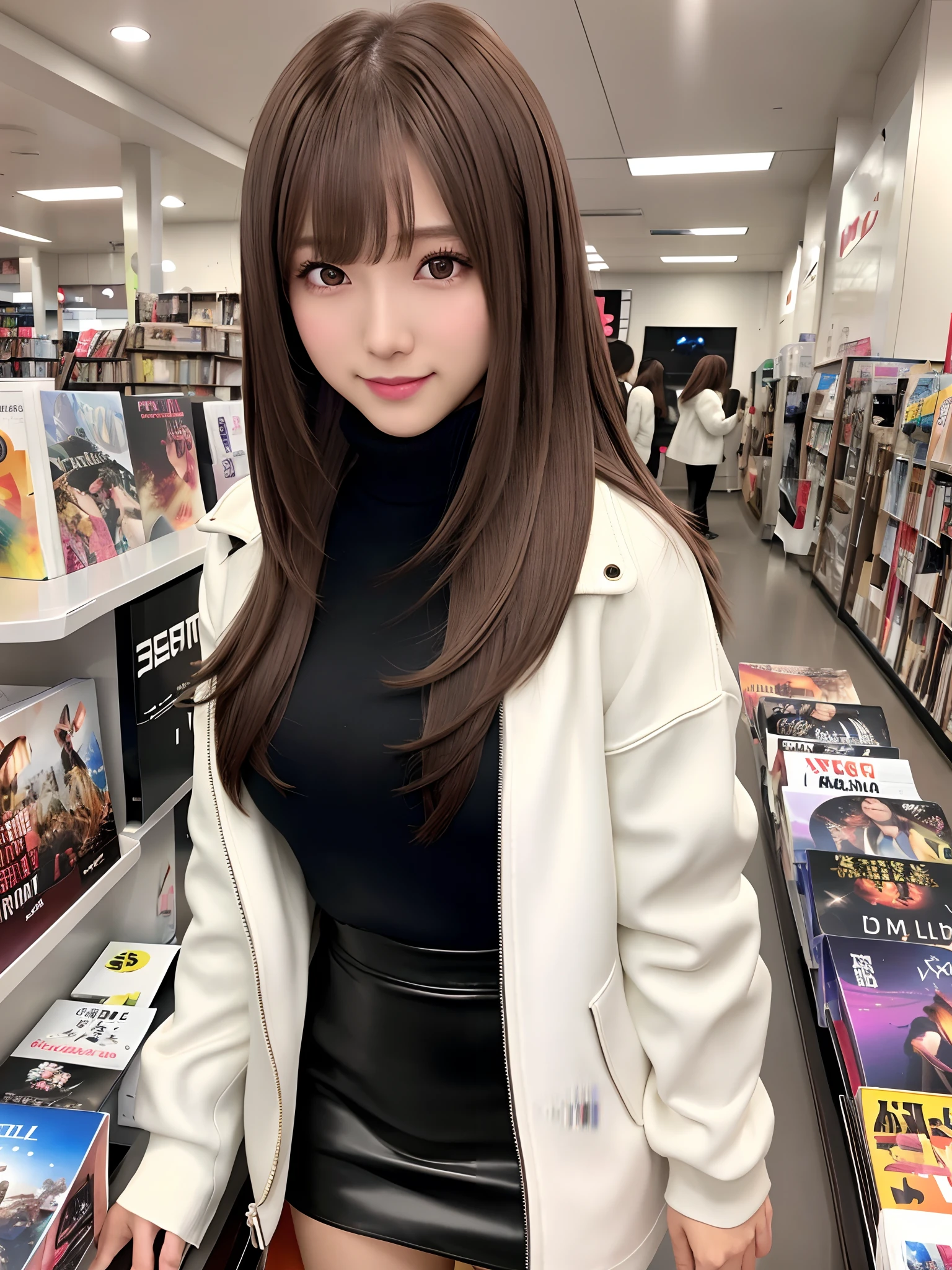 mastepiece, 1 girl per 1 photo, cowboy shot, front view, a Japanese young pretty girl, long bob hair, standing in a CD shop, a big smile, a white jacket over a black turtleneck sweater, black miniskirt, black leather long boots, hyper cute face, glossy lips, double eyelids for both eyes, natural makeup, shiny smooth light brown hair of long bob hair, asymmetrical bangs, high resolution, high detail, detailed hairstyle, detailed face, cinematic lighting, octane rendering, hyper realistic, perfect limbs, perfect anatomy