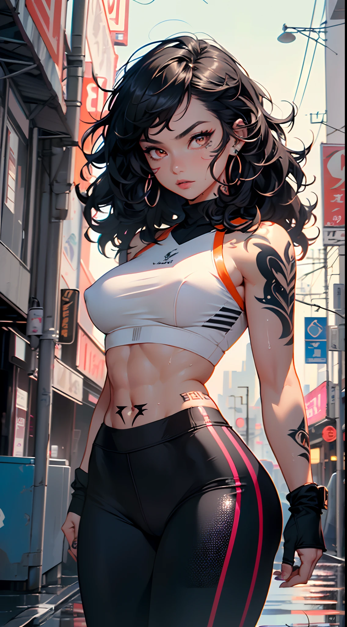 girl sporty,((attractive and muscular girl)),(tomboy),

(large breasts:1.4),saggy breasts,(((black hair:1.35,curly hair, disheveled hair:1.3,very long hair:1.4,colored inner hair,ear breathing))),((heterochromia:1.5, (orange_eye and red_eye))),intricate eyes,beautiful detailed eyes,symmetrical eyes,(((lustrous skin:1.5,bright skin: 1.5,skin tanned,shiny skin,very shiny skin,shiny body,plastic glitter skin,exaggerated shiny skin,illuminated skin, wet legs))),(spider lower abdomen,narrow waist,wide hip,athletic body,inflated legs,detailed body),(((muscle legs,muscular thighs,muscular girl,strong and muscular,bodybuilder,strong body,muscular,feminine and muscular,ABS))),(detailed face),(((tattoos:1.5))),

cute,slutty,seductive,erotic,(((nsfw))),

zettai ryouiki,((tight sports bra, tight sports panties, ((orange and black clothes)))),((wet clothes,intricate outfit,intricate clothes)),

(dynamic pose:1.0),annoyed,(centered,scale to fit dimensions,Rule of thirds),

cyberpunk city by the ocean at night, with bright neon signs and dark stormy clouds and puddles, scenery:1.25,nighttime, starry night, cosmos,Very dark night that makes the neon lights stand out, very bright neon lights,

artistic photography,(photography taken by sldr),highres, sharp focus,(ultra detailed, extremely detailed), (photorealistic artwork:1.37),(extremely detailed CG unity 8k wallpaper),((synthwave background theme)),(((vibrant colors))),intricate,(intricate background),(masterpiece),(best quality),perfect rendered face,perfect face details,realistic face,photo realistic,analog style,((intricate detail)),(((realism))),