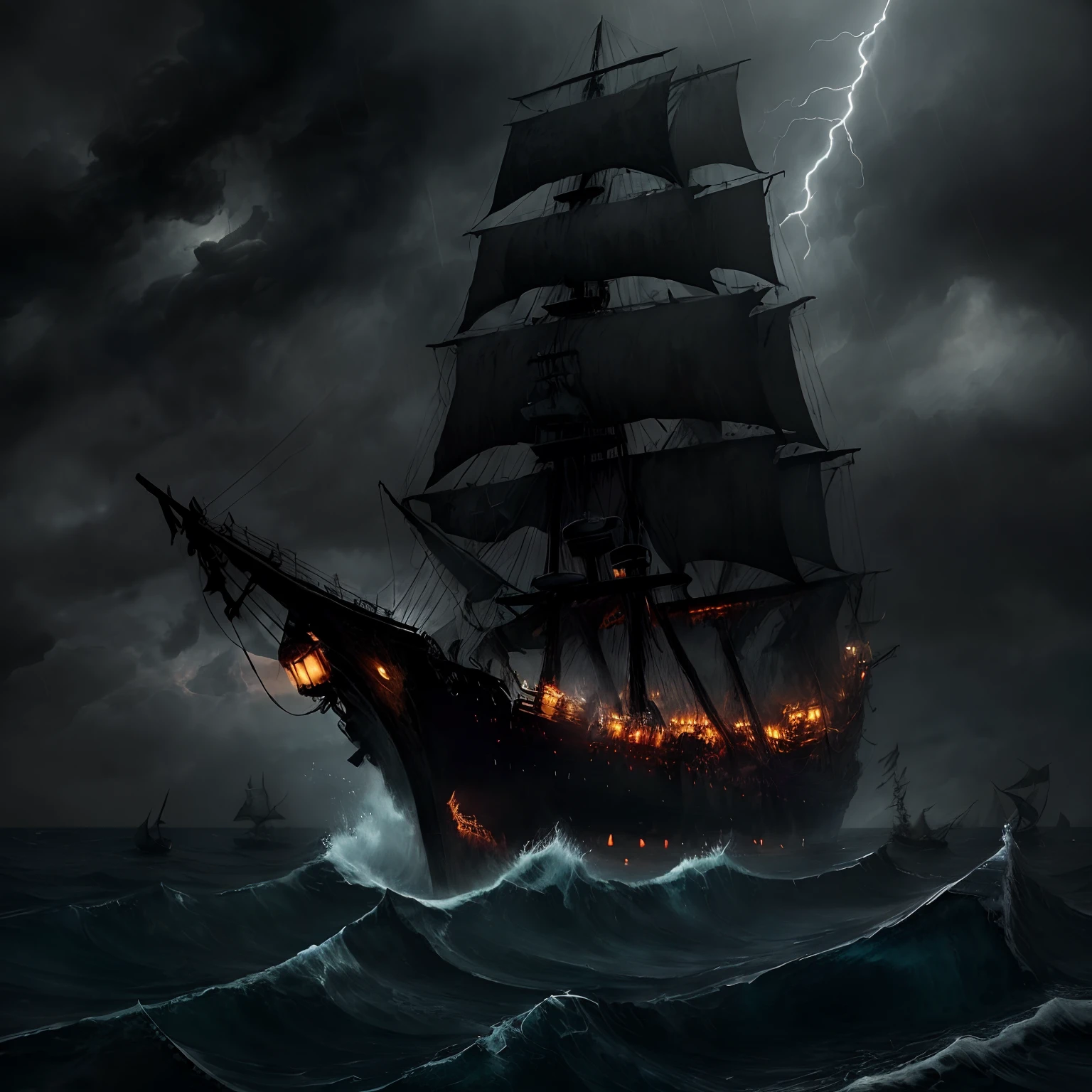 masterpiece、hightquality、Landscape painting、Detailed landscape painting、Very dark sky、Thick black clouds、In the darkness、Pitch Black Darkness、a dark night、Wide ocean、Ōlan、Detailed heavy rain、Detailed raindrops、Dense and dazzling lightning、Detailed lightning、The sea is very intense and rough、Very large waves、Ship cemetery、Zombie Ship、Boneship、A decaying ghost ship wandering through a thunderstorm、The sails are tattered and hanging、Rotten sails、Torn sails、Torn sails、Perforated sail、Broken mast、Tattered mast、Tattered hull、There are holes in some places、The hull is rotting、Detailed battered ghost ship、A crumbling ghost ship、Black Ghost Ship、The ghost ship is heavily tilted、Black fog around the ghost ship、Black aura、Wrecked ghost ship、Shipwrecked and broken、A sinking ghost ship、Missing mast、Blue Demon Fire is surrounded by blue demon fire