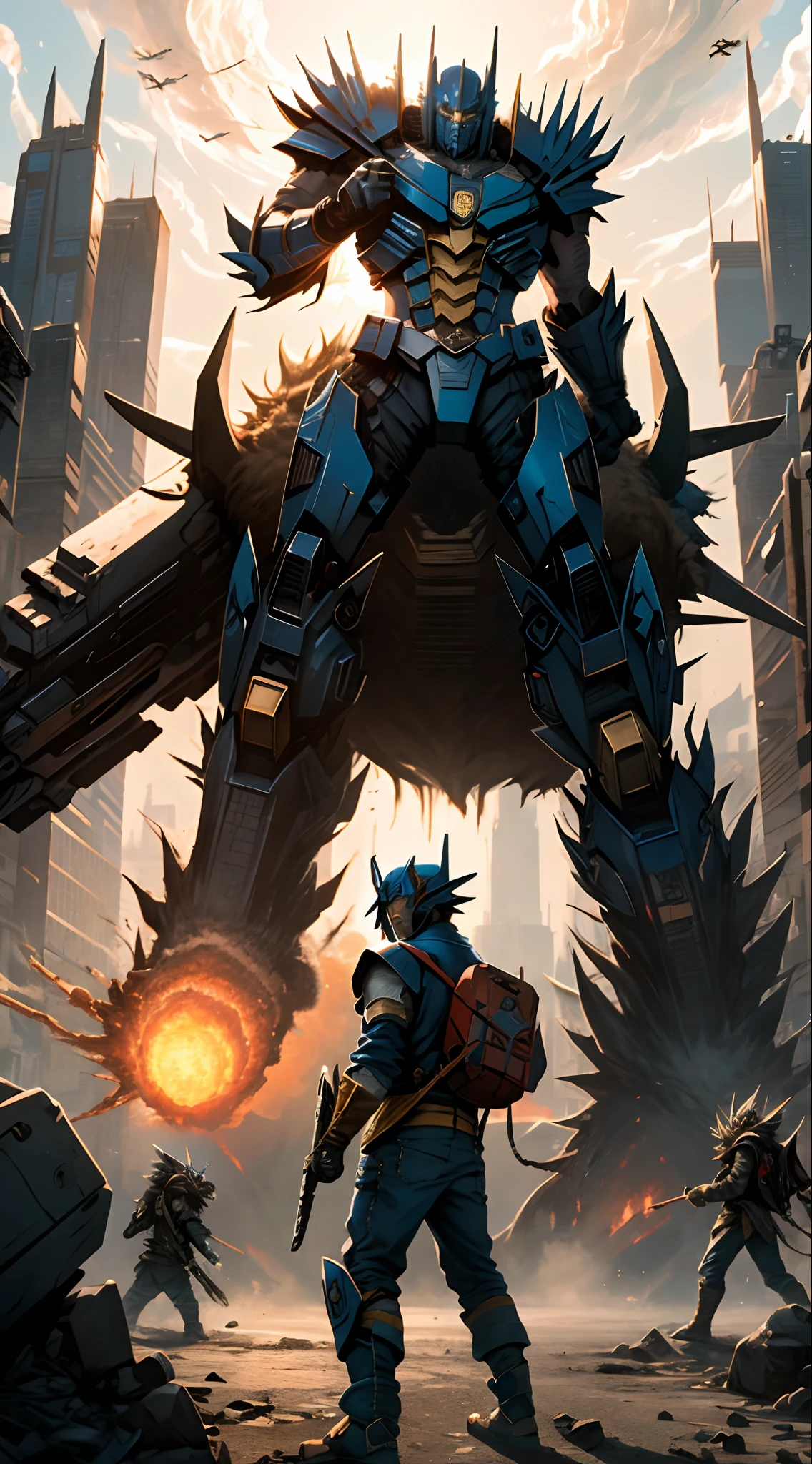 Masterpiece, high quality, optimus prime and bumble versus category five kaiju and lizzo, beijing background, goku heading into frame