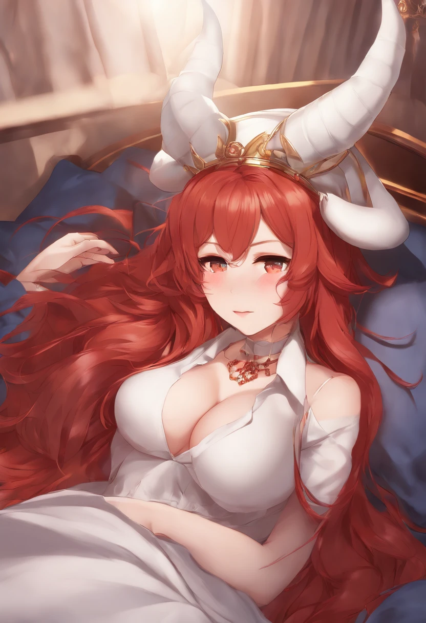 hindenburg\(azur lane\), red_hair, demon horns, long hair,naked shirt, hair flip,on bed, wariza, huge breasts,, masterpiece, best quality, extremely detailed face, sharp details, high contrast,