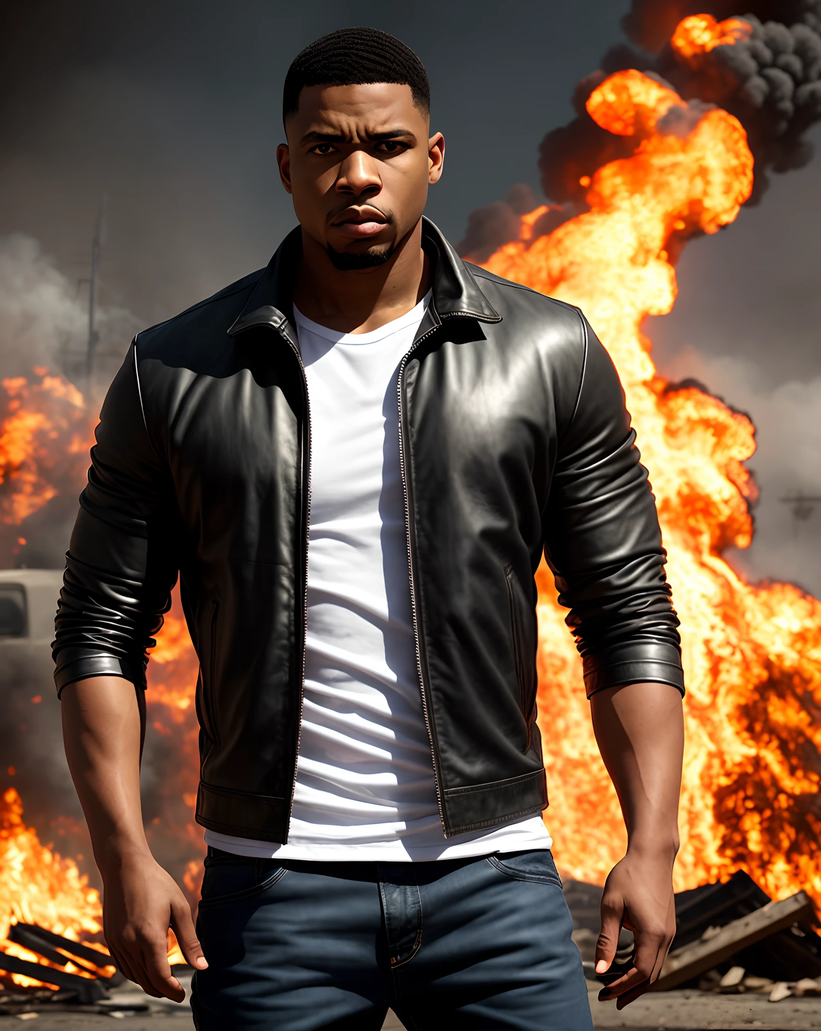 Epic Character, Epic image, tall muscular African-American man, huge strong intimidating man, skin-tight fade haircut, long open leather jacket, white tank top under leather jacket, large baggy jeans, boots, 1000 mile stare, shook one, insane eyes, shocked eyes, guns and knives, destroyed neighborhood background, everything on fire background, alone in the destruction
