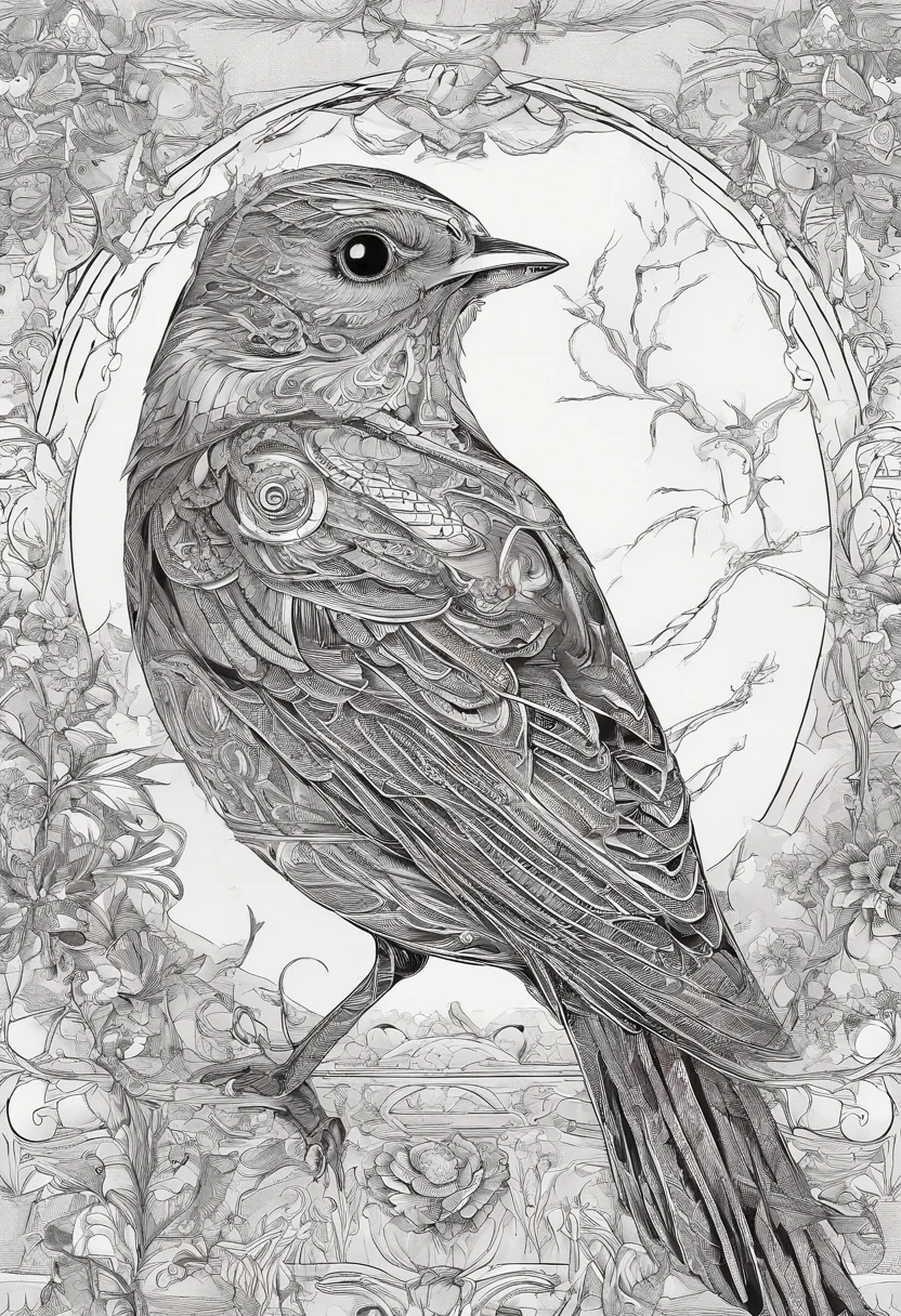 A nightingale,Detailed drawing,Bright eye outline