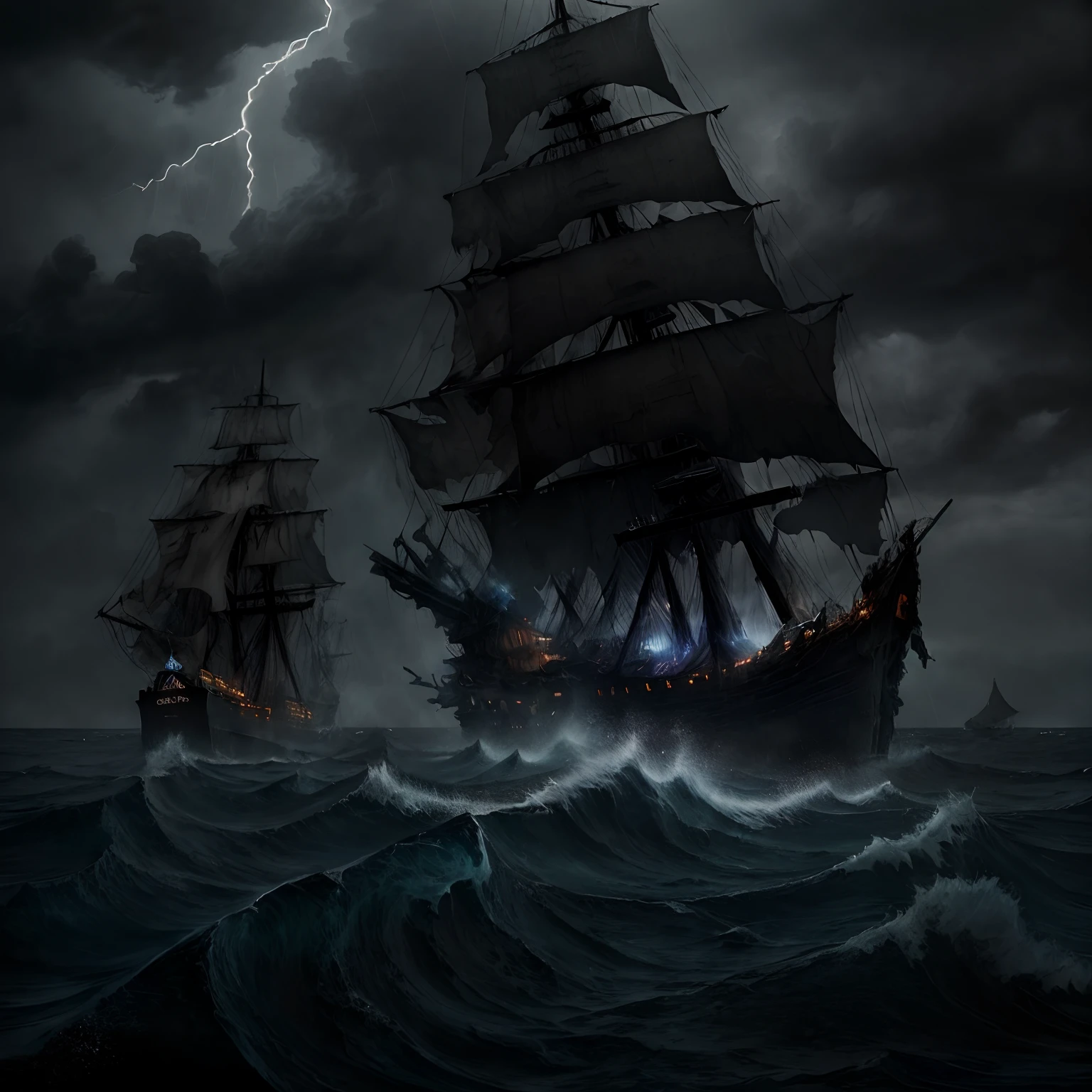 masterpiece、hightquality、Landscape painting、Detailed landscape painting、Very dark sky、Thick black clouds、In the darkness、Pitch Black Darkness、a dark night、Wide ocean、Ōlan、Detailed heavy rain、Detailed raindrops、Dense and dazzling lightning、Detailed lightning、The sea is very intense and rough、Very large waves、Ship cemetery、Zombie Ship、Boneship、A decaying ghost ship wandering through a thunderstorm、The sails are tattered and hanging、Rotten sails、Torn sails、Torn sails、Perforated sail、Broken mast、Tattered mast、Tattered hull、There are holes in some places、The hull is rotting、Detailed battered ghost ship、A crumbling ghost ship、Black Ghost Ship、The ghost ship is heavily tilted、Black fog around the ghost ship、Black aura、Wrecked ghost ship、Shipwrecked and broken、A sinking ghost ship、Missing mast、Blue Demon Fire is surrounded by blue demon fire