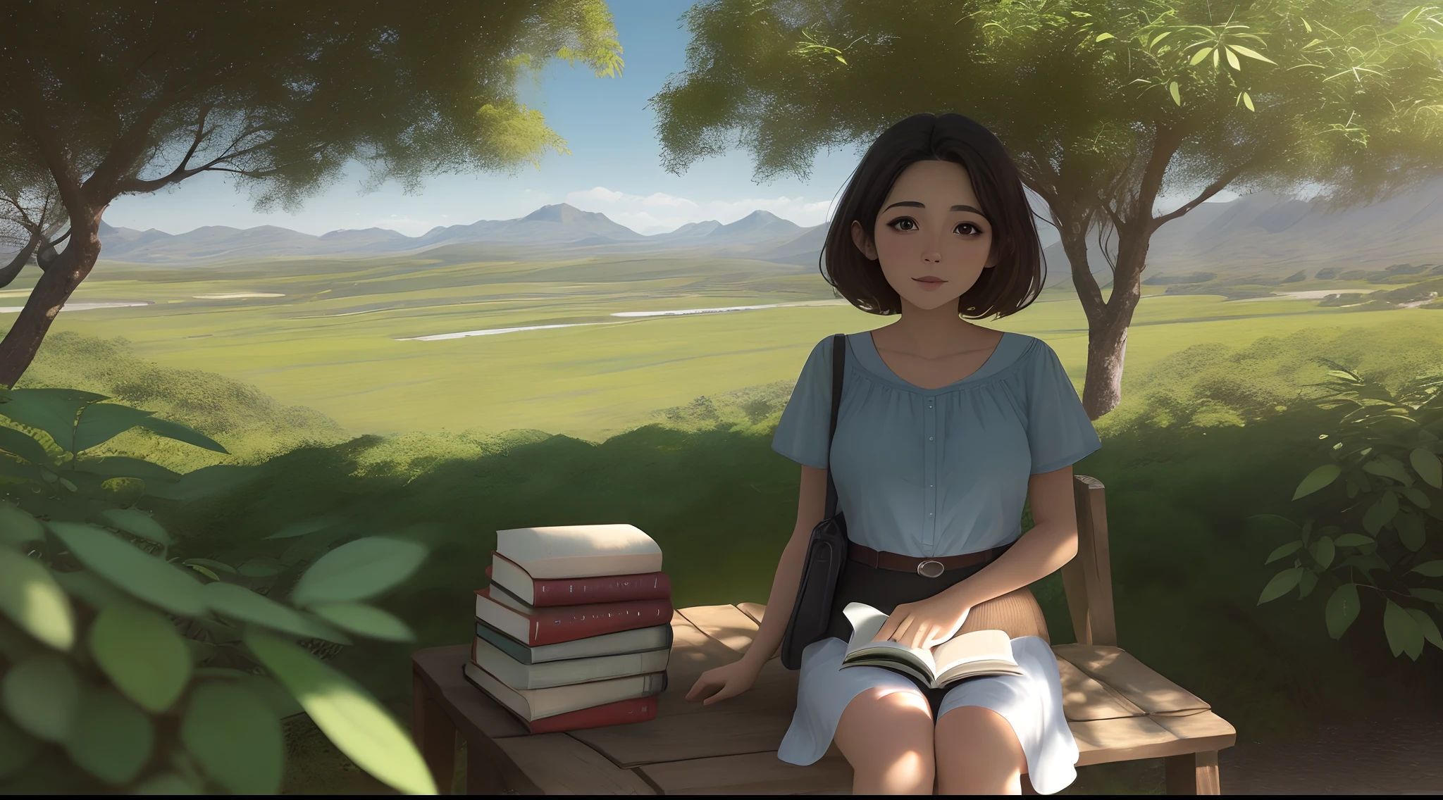 1 chica morena, ((acostada en la yerba)), libro, paisaje verde