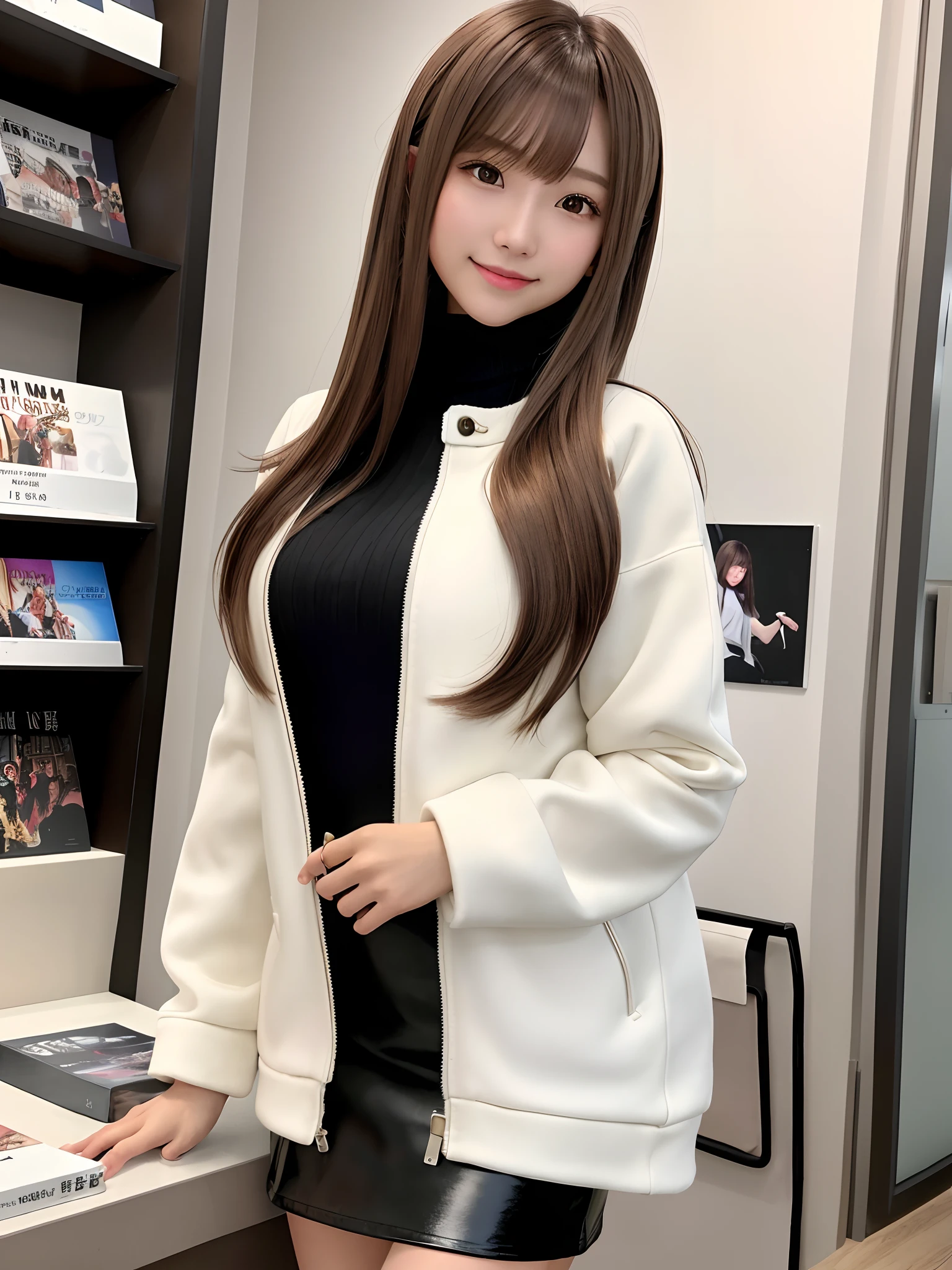 mastepiece, 1 girl per 1 photo, cowboy shot, front view, a Japanese young pretty girl, long bob hair, standing in a CD shop, a big smile, a white jacket over a black turtleneck sweater, black miniskirt, black leather long boots, hyper cute face, glossy lips, double eyelids for both eyes, natural makeup, shiny smooth light brown hair of long bob hair, asymmetrical bangs, high resolution, high detail, detailed hairstyle, detailed face, cinematic lighting, octane rendering, hyper realistic, perfect limbs, perfect anatomy
