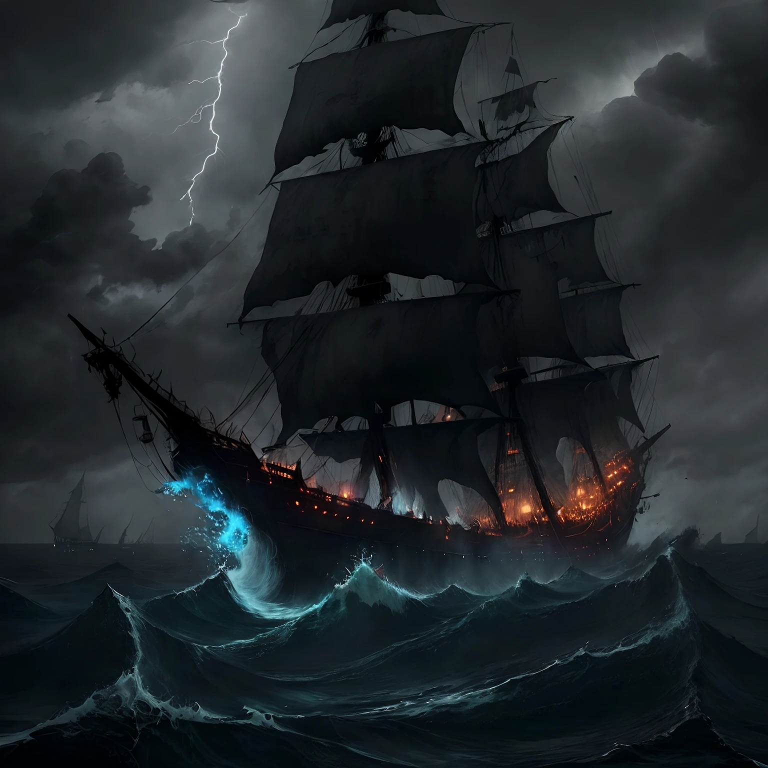 masterpiece、hightquality、Landscape painting、Detailed landscape painting、Very dark sky、Thick black clouds、In the darkness、Pitch Black Darkness、a dark night、Wide ocean、Ōlan、Detailed heavy rain、Detailed raindrops、Dense and dazzling lightning、Detailed lightning、The sea is very intense and rough、Very large waves、Ship cemetery、Zombie Ship、Boneship、A decaying ghost ship wandering through a thunderstorm、The sails are tattered and hanging、Rotten sails、Torn sails、Torn sails、Perforated sail、Broken mast、Tattered mast、Tattered hull、There are holes in some places、The hull is rotting、Detailed battered ghost ship、A crumbling ghost ship、Black Ghost Ship、The ghost ship is heavily tilted、Black fog around the ghost ship、Black aura、Wrecked ghost ship、Shipwrecked and broken、A sinking ghost ship、Missing mast、Blue Demon Fire is surrounded by blue demon fire