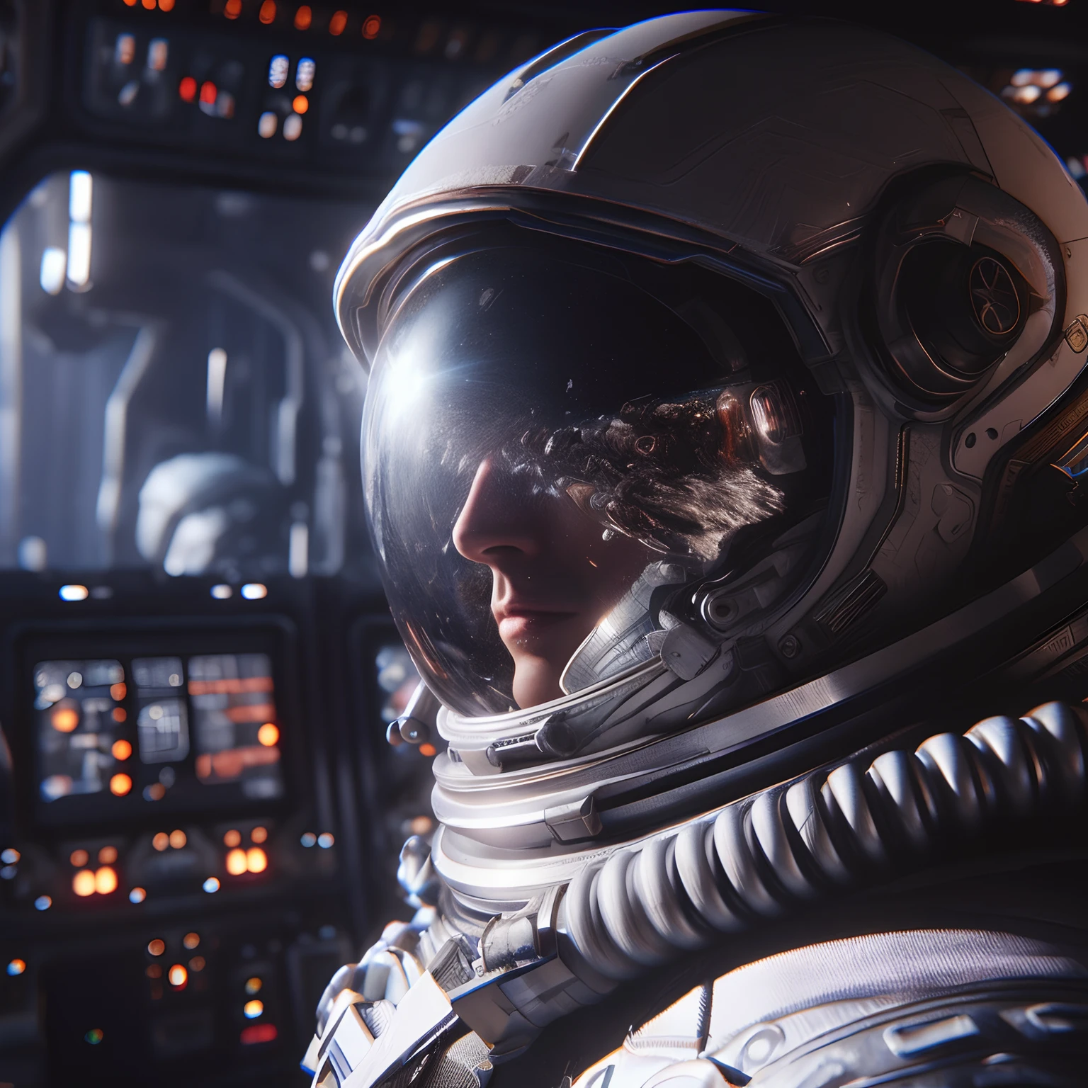 arafed astronaut in a space suit in a spaceship cockpit, detailed cinematic render, stunning visuals with rtx on, highly detailed vfx portrait of, insanely detailed octane render, highly detailed vfx, portrait of an ai astronaut, 8 k cg render, unreal engine. retro film still, 8k vfx render, 8 k octane render, 8k octane render
