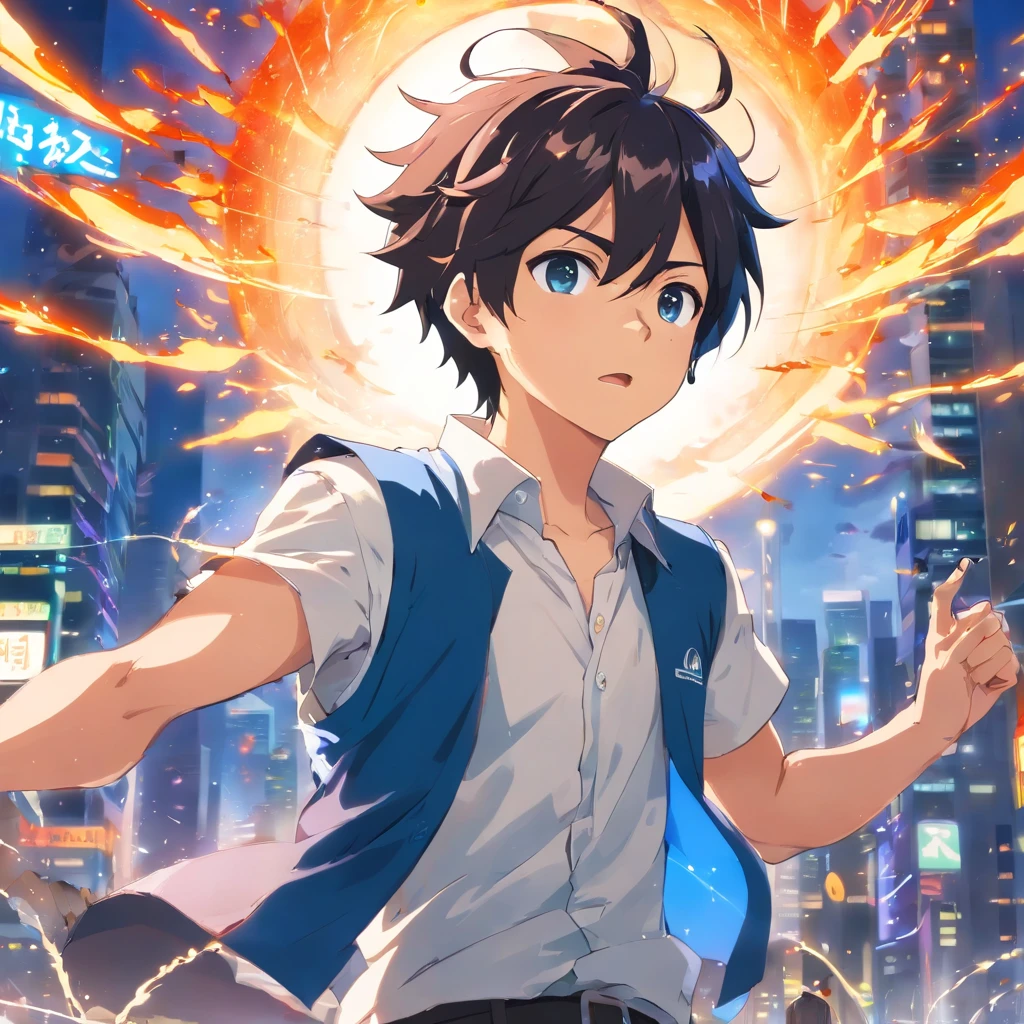  boy with messy black self hair wearing white vest and black blouse, He's got blue ray powers and he's super funny, Capture the essence of his fiery determination and unyielding spirit as he unleashes his wrath on his enemies. Mantenha-o curto, ousado, e intenso para transmitir o poder bruto da raiva dele. ((Imagem altamente detalhada, Melhores efeitos de raios azuis)), Magnificent, Alta Obra-Prima, ((retrato de corpo inteiro))