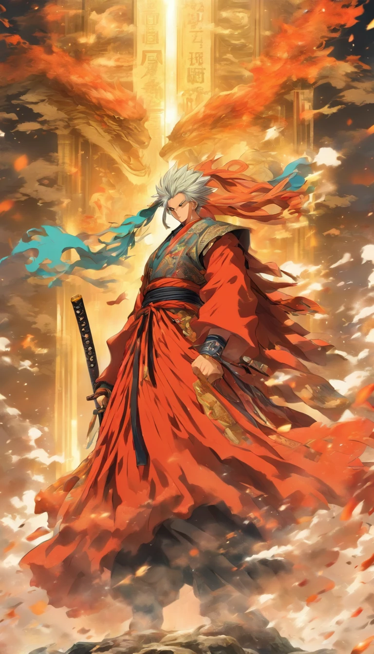 An authoritative elder standing on a high platform, wearing gorgeous robes, Stare fiercely at your opponent, Holding a Qingxuan long sword in his hand, Spacious martial arts field,Surrounded by a tense and oppressive atmosphere, ,32K, Best quality, Masterpiece, Super detail, High detail in Yoshiyo Monogatari anime style