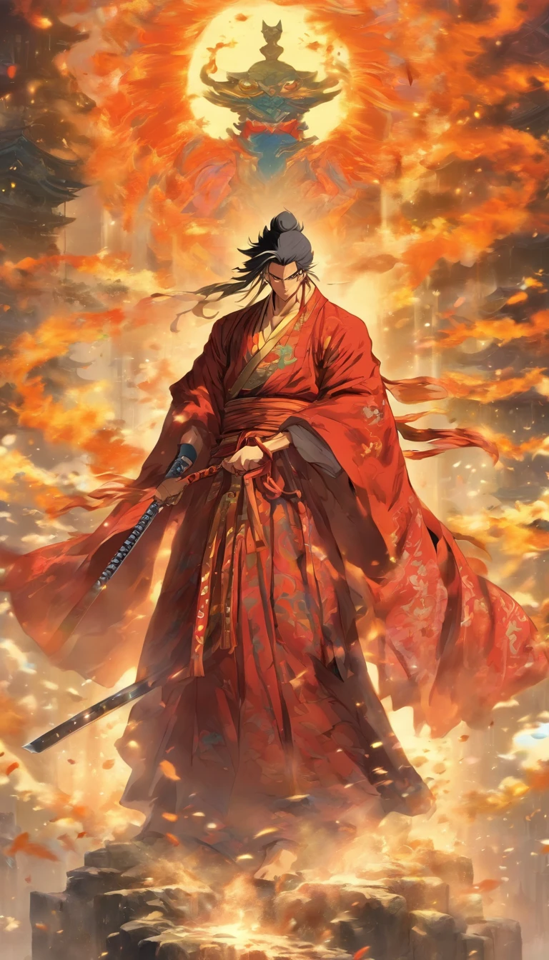 An authoritative elder standing on a high platform, wearing gorgeous robes, Stare fiercely at your opponent, Holding a Qingxuan long sword in his hand, Spacious martial arts field，Surrounded by a tense and oppressive atmosphere, ,32K, Best quality, Masterpiece, Super detail, High detail in Yoshiyo Monogatari anime style