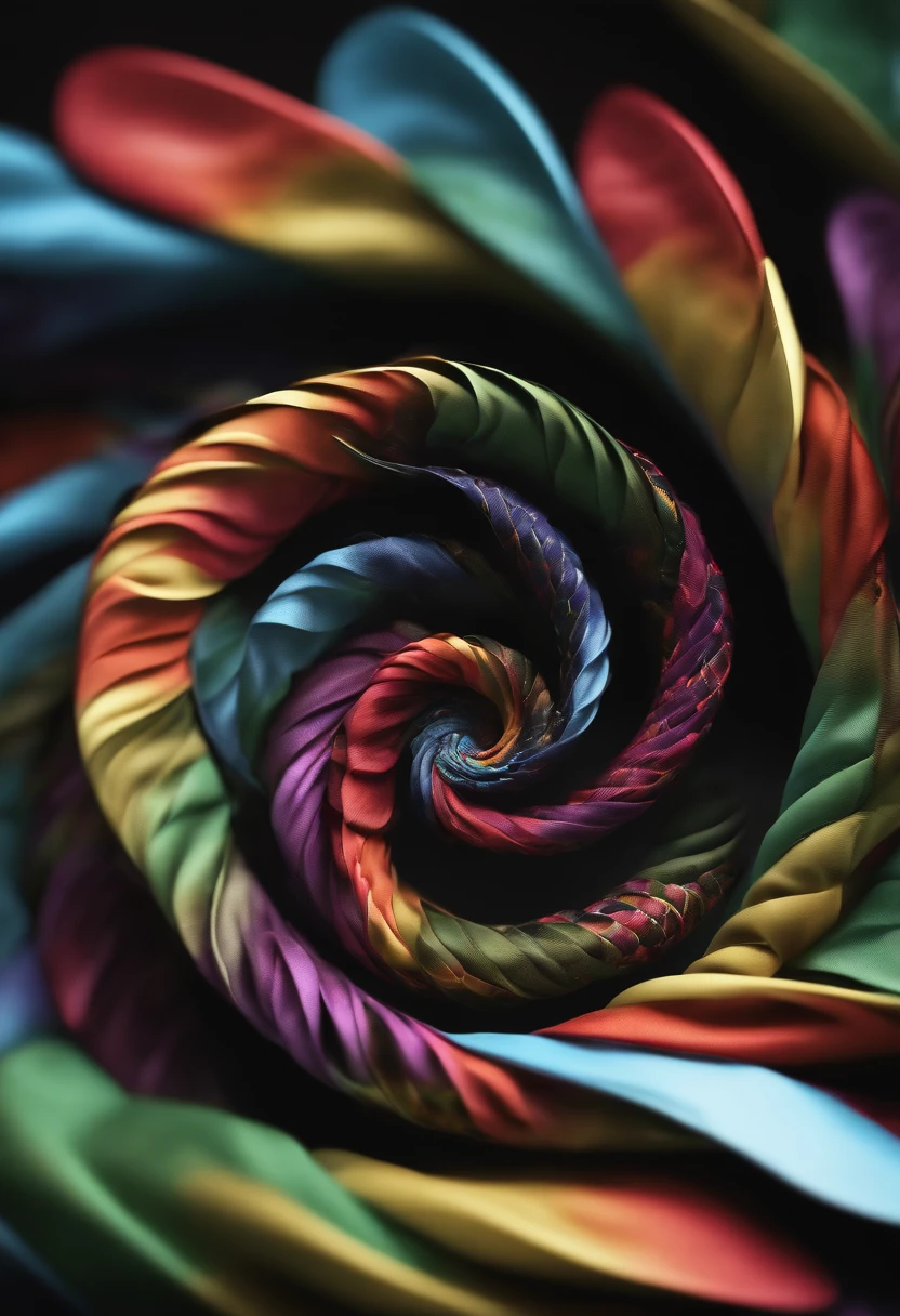 Spring coil shape 3d made from very colorful printed Latin fabric scraps. Whipala spring shaped spiral with black background with hyperrealistic latin fabric patchwork, hyperrealistic texture, high definition, hyperrealistic texture, high definition, 3D rendering, photo, cinematic, concept art,