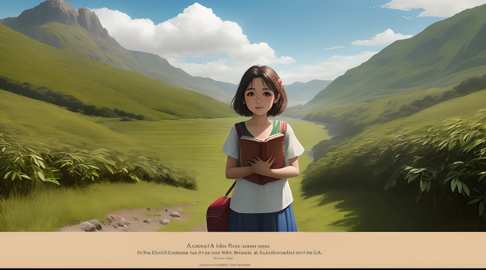 1 chica morena, ((acostada en la yerba)), libro, paisaje verde