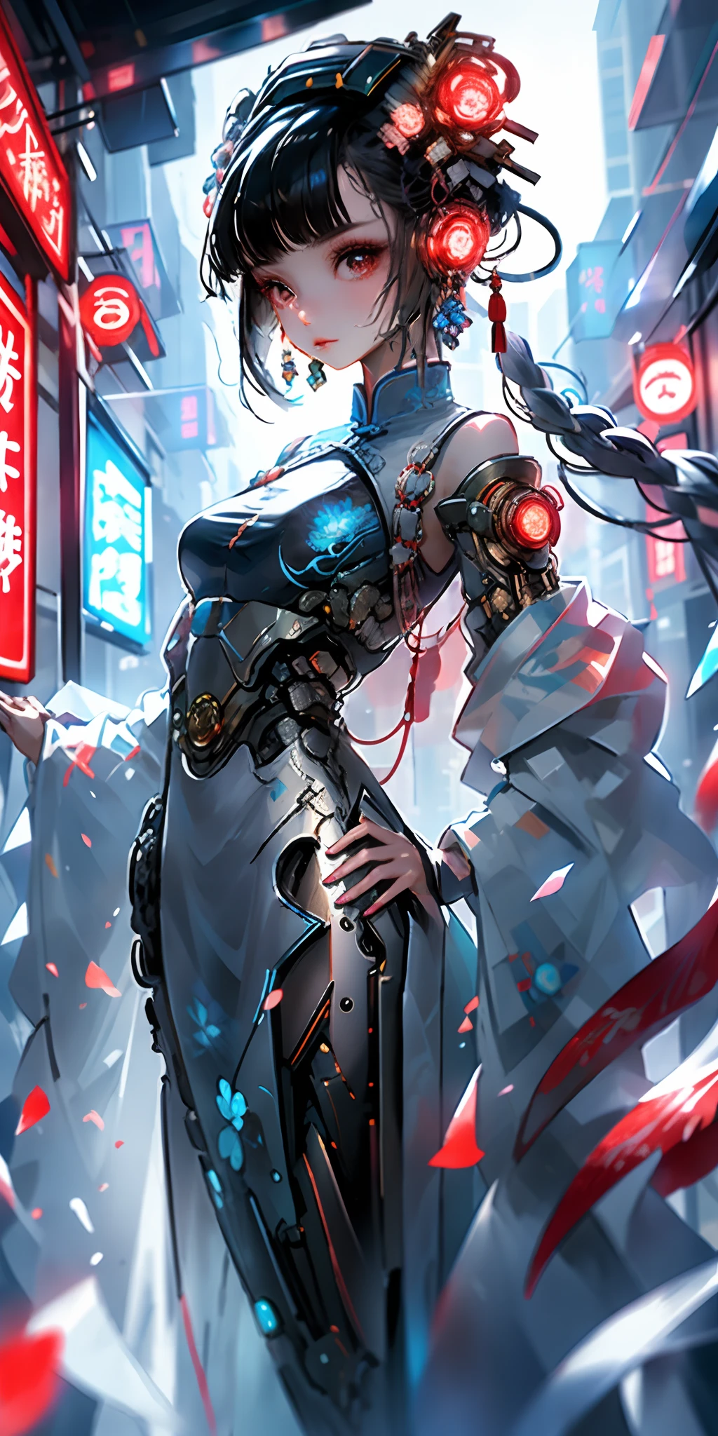 A girl, full body, clear facial features, amazing facial features, beautiful eyes, ancient Chinese clothing, Chinese cyberpunk, cyberpunk city headwear, hair accessories