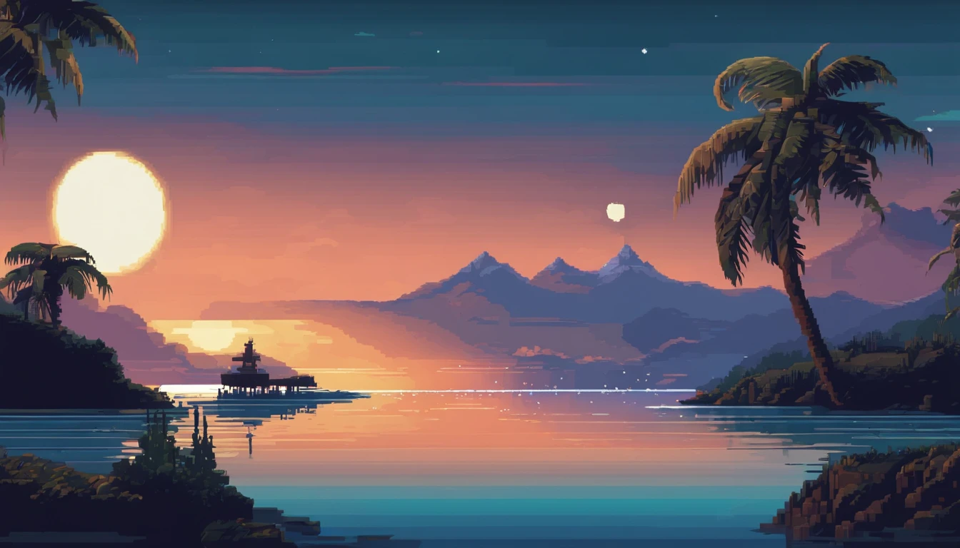 Pixel art of a huge moon rising on the calm sea, beautiful detailed pixel art, detailed pixel art, lo-fi retro videogame, concept pixelart, detailed pixel artwork, Pixel art style, pixel town, pixel art animation, high quality pixel art, Dolphins leap from the surface of the sea, super detailed color lowpoly art, #pixelart:3, # pixelart, #pixelart