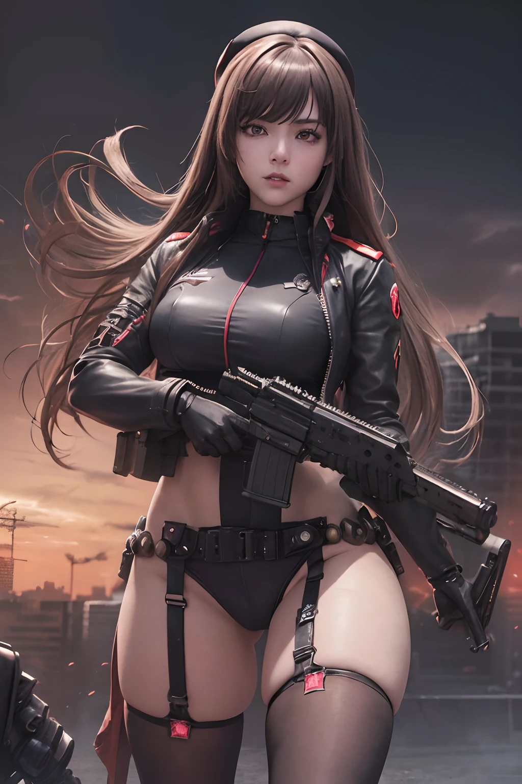 ((mejor calidad)), ((obra maestra)), (muy detallado: 1.3) chica Rapidef, ojos rojos, nikke anime con pechos muy grandes y cola grande muslos hechizantes con una pistola y un sombrero y una corbata roja, mechanized soldier girl, M4 Sopmod II Girls Front Line, Cyberpunk femme fatale, Chica femenina de anime cyberpunk, Cyberpunk anime chica mech, Chica Valquiria mecanizada, detalles finos. girls frontline, Cyberpunk enojada hermosa diosa, Chica de anime cyberpunk, Mecanoide cyberpunk de moda, Bring technical clothing and weapons (campo de batalla contra robos)