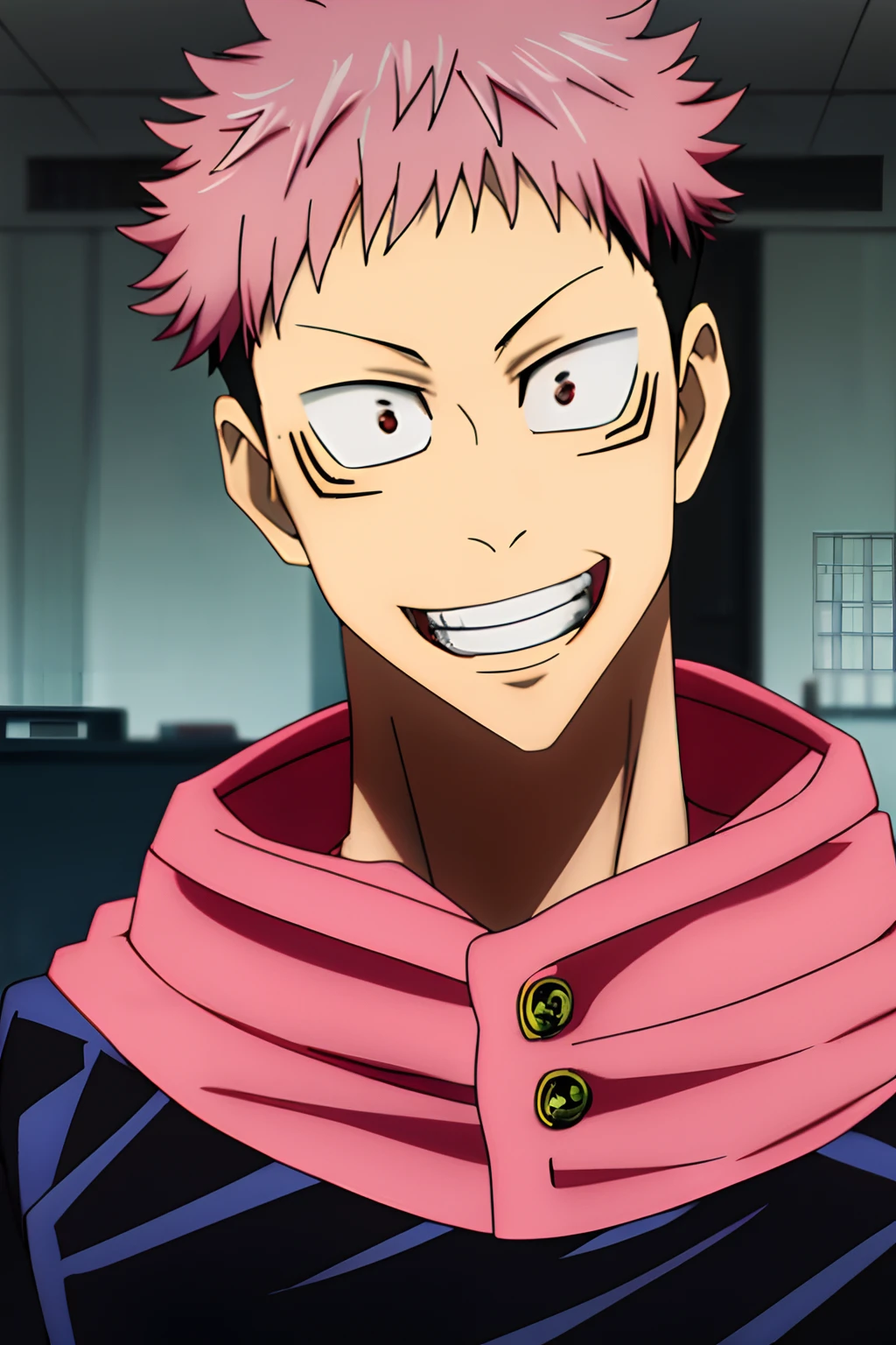 masutepiece, Best Quality, High quality, 1boy, Solo, Male Focus, Looking at Viewer, Upper body, polygon_Yu II, Light pink hair, Undercut, School run, student clothes, (Black school uniform:1.3), smirking