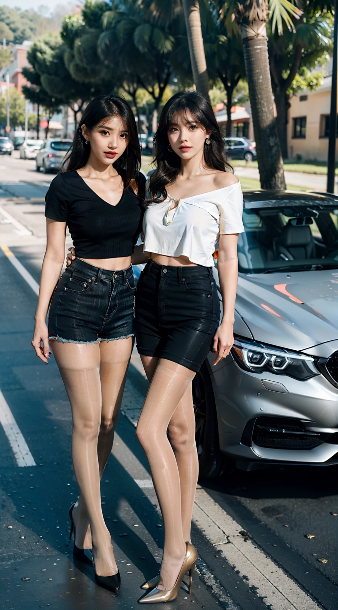 Heavy makeup,Flesh-colored pantyhose,8K,Long legs,By bangs,waved hair,mature,tightshortsleeve,rays of sunshine,ear studs,Ultra shorts,stiletto,Two women,are standing