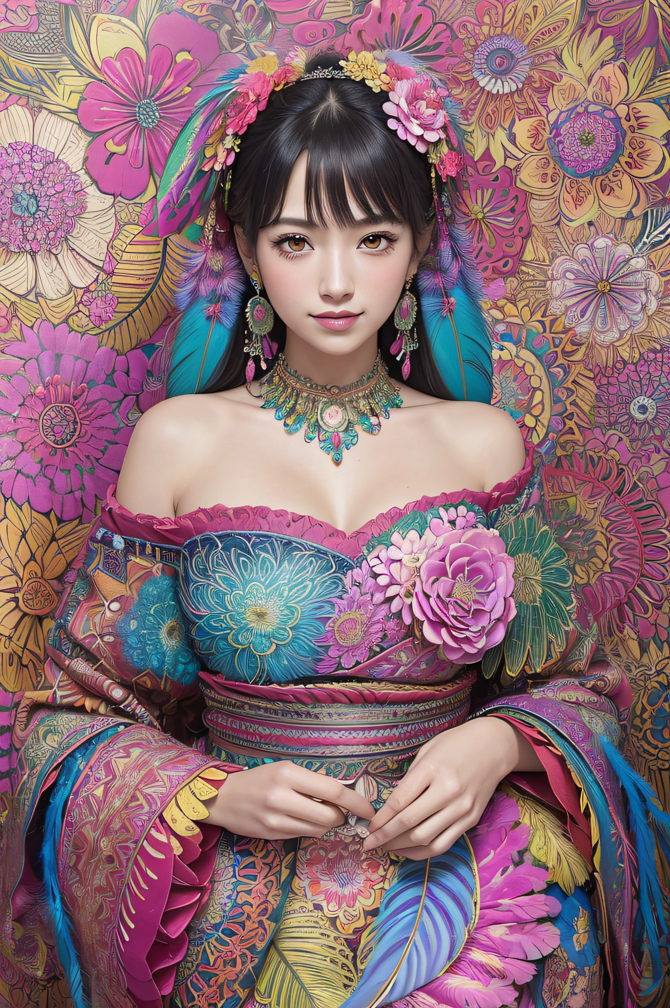 (masutepiece, of the highest quality, Best Quality, Official art, Beautiful and aesthetic:1.2), (1girl in:1.3), Smiling, Extremely detailed,(Fractal Art:1.1),(Colorful:1.1)(Flowers:1.3),highest details,(Zentangle:1.2), Full body, (Abstract background:1.3), (Shiny skin), (Many colors:1.4), ,(earrings), (Feathers:1.5),