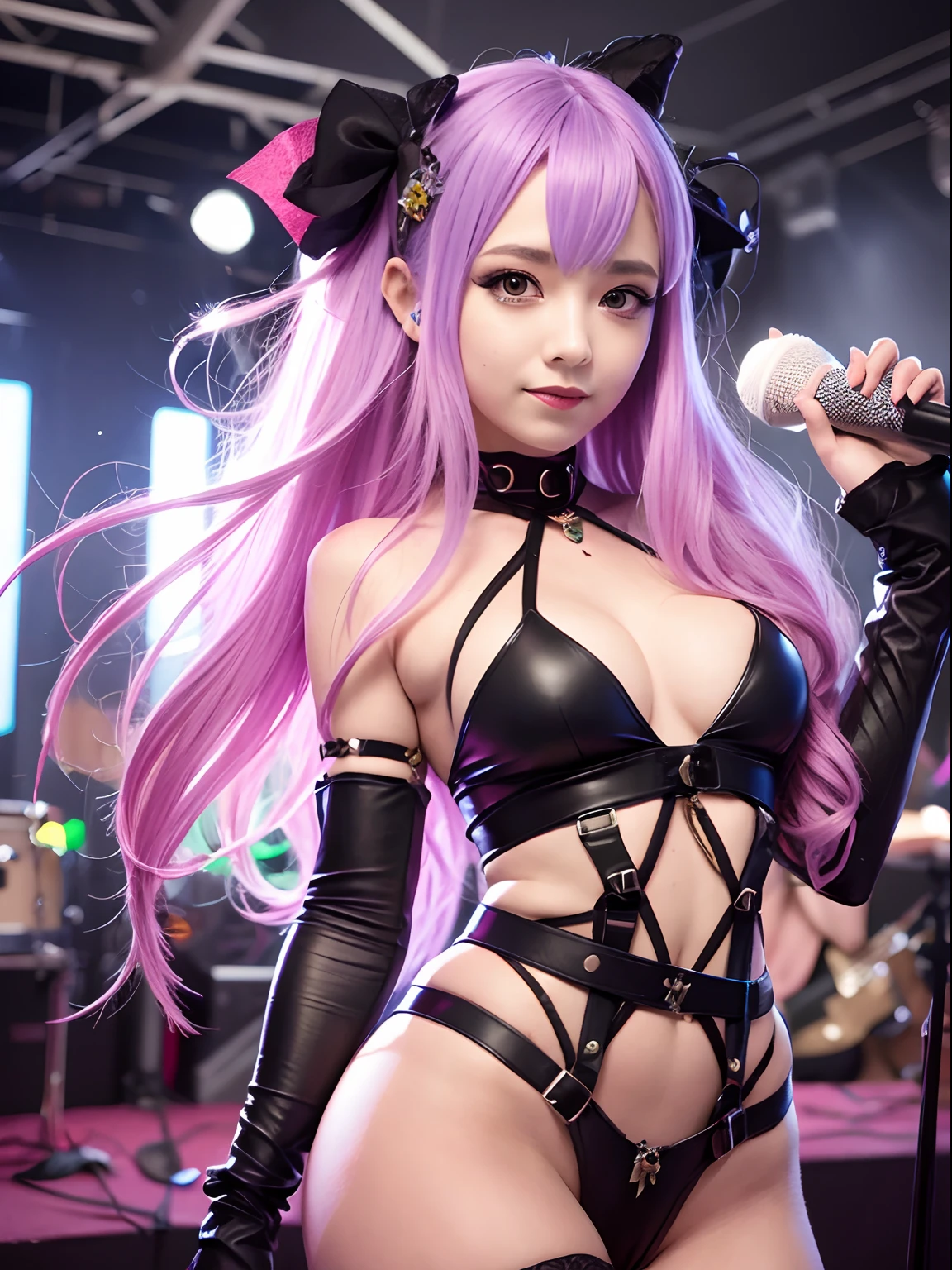 Jinx from League of Legens, high resolution,beautiful face, bondage fashion, live venue, live stage, solo artist, landscape with depth, very thin set, smile