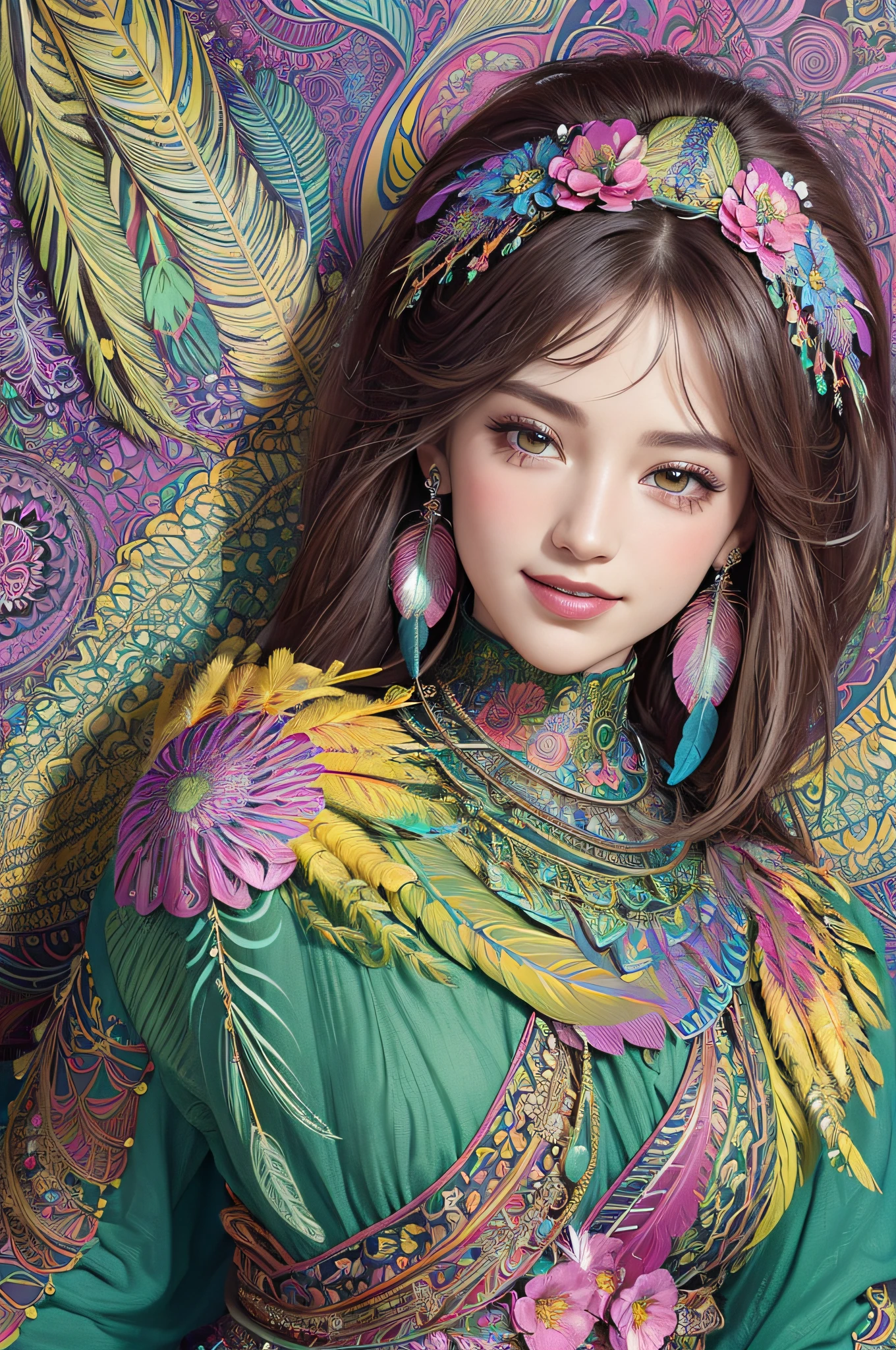 (masterpiece, top quality, best quality, official art, beautiful and aesthetic:1.2), (1girl:1.3), smiling, extremely detailed,(fractal art:1.1),(colorful:1.1)(flowers:1.3),highest detailed,(zentangle:1.2), (abstract background:1.3), (shiny skin), (many colors:1.4), ,(earrings), (feathers:1.5),