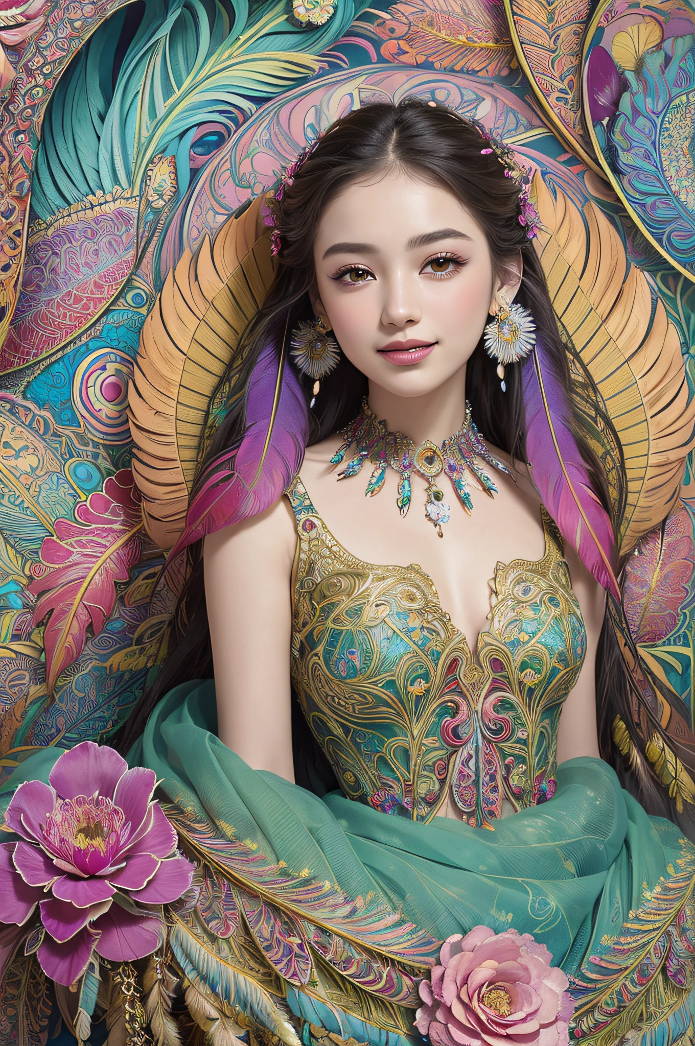 (masterpiece, top quality, best quality, official art, beautiful and aesthetic:1.2), (1girl:1.3), smiling, extremely detailed,(fractal art:1.1),(colorful:1.1)(flowers:1.3),highest detailed,(zentangle:1.2), (abstract background:1.3), (shiny skin), (many colors:1.4), ,(earrings), (feathers:1.5),