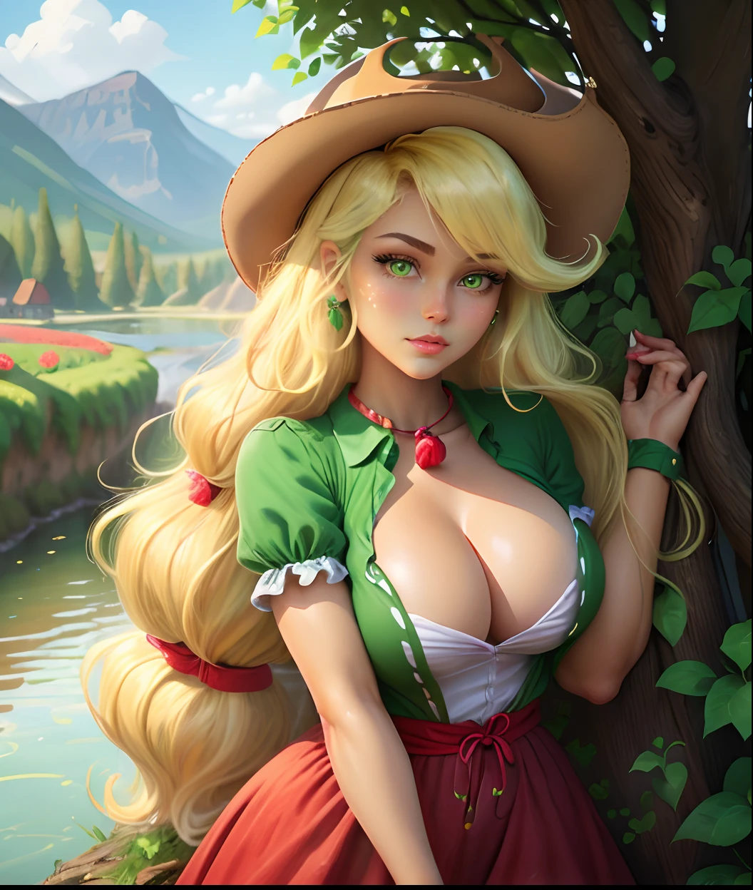 Apple Jack, Apple Jack from my Little Pony, Apple Jack in the form of a girl, long hair, voluminous breasts, very large breasts, lush breasts, green and red dress, ((cow boy hat)), forest background, apple farm, emerald eye, blonde yellow hair, big bright green eyes, ((river with flowers)), red and green flowers around her, highly detailed trees, bushes of flowers