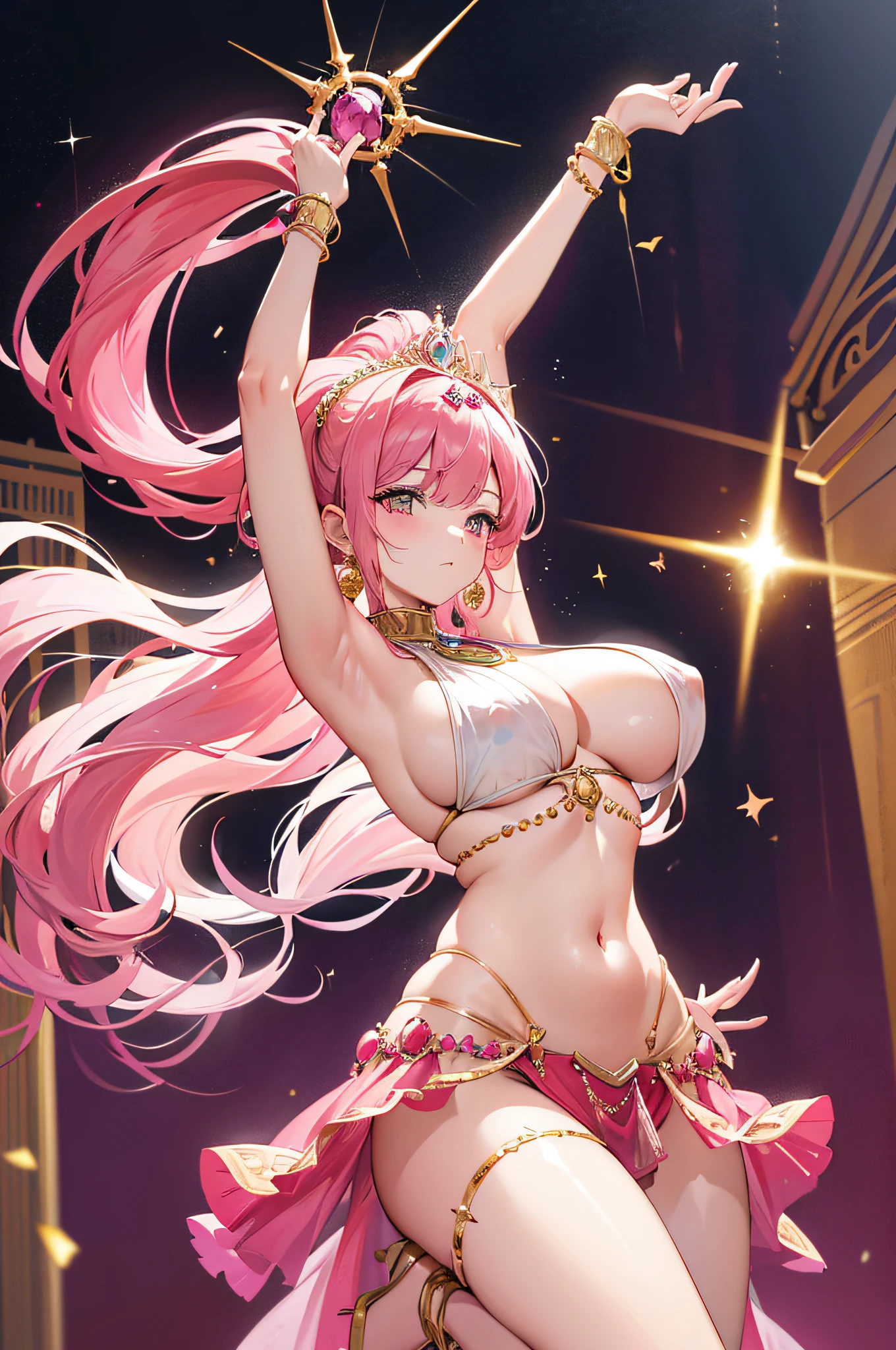 4k.hight resolution,One Woman,Pink hair,Short ponytail,huge tit,dancer,Arabian princess,Pink Arabian Dancer Dress,Navel Ejection,Gold Bracelet Red,Gemstone Earrings,jeweled costume,The Queen's Tiara,Inside the palace