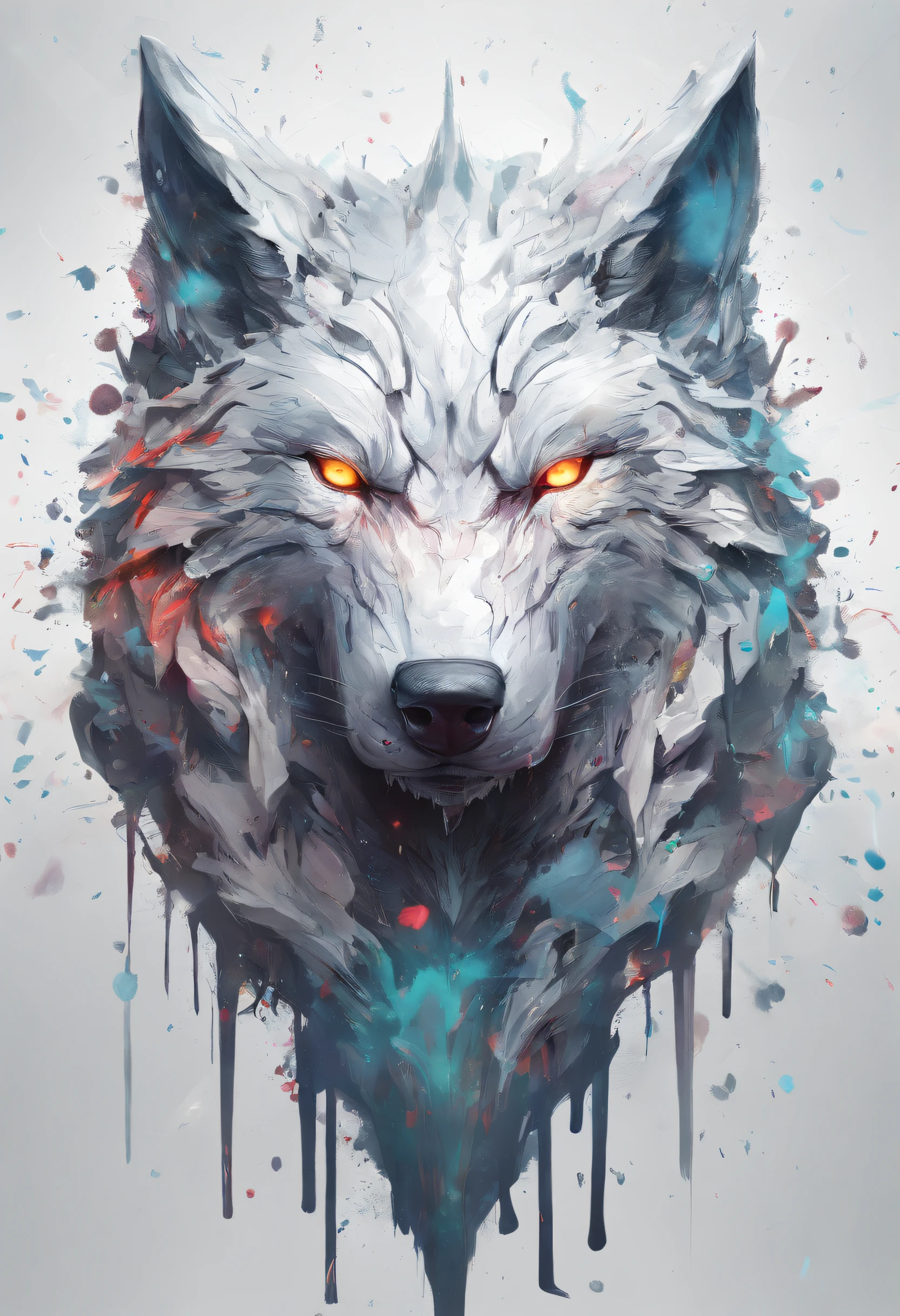 Splash art, a wolf head, ((white background)), piercing eyes, epic Instagram, artstation, splash style of colorful paint, contour, hyperdetailed intricately detailed , unreal engine, fantastical, intricate detail, splash screen, complementary colors, fantasy concept art, 8k resolution, deviantart masterpiece, oil painting, heavy strokes, paint dripping, splash arts