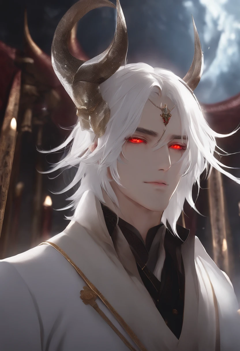 red eyes、an eye patch、white hair、A beautiful boy in a white suit with horns on his head