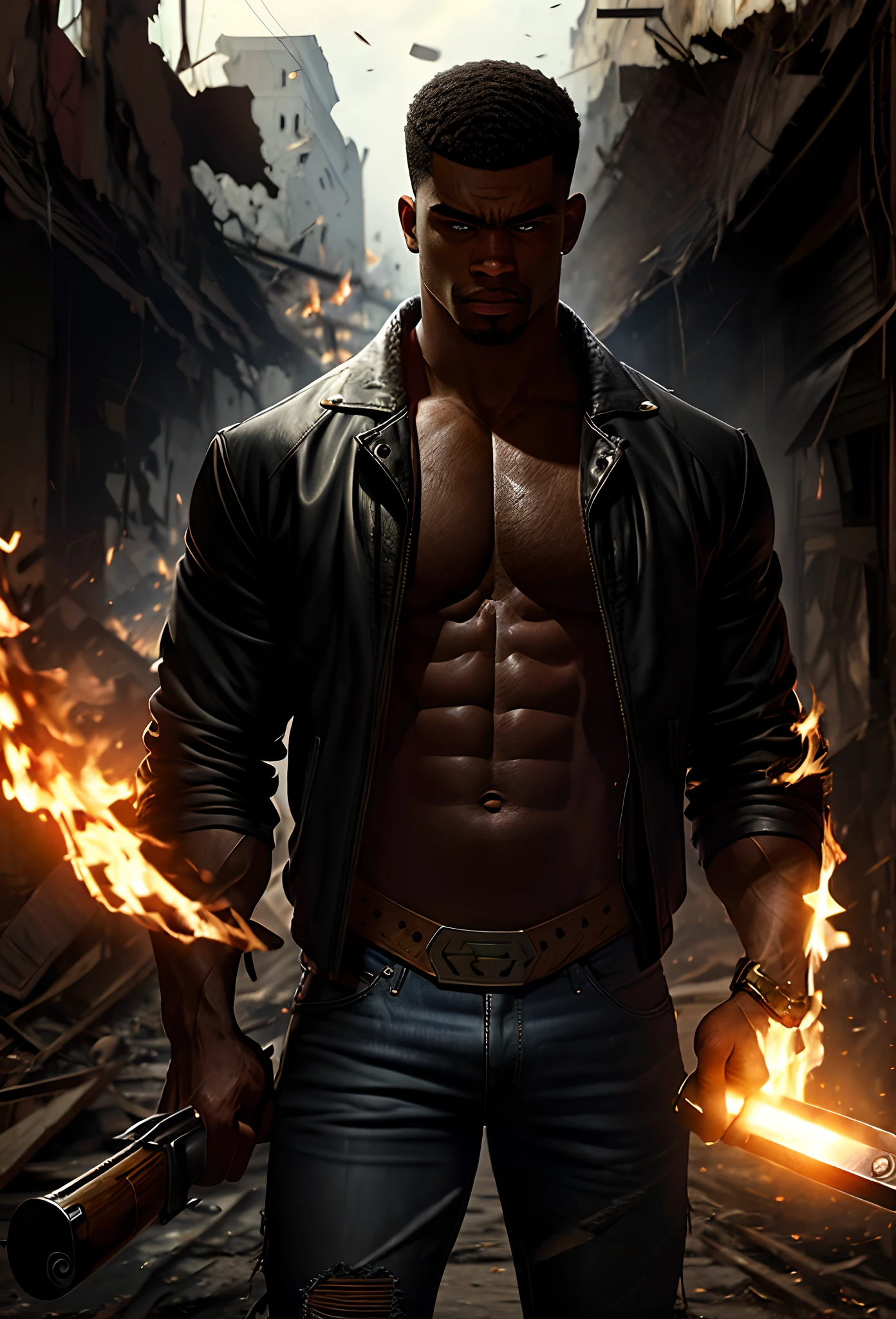 Epic Character, Epic image, focus on eyes, portrait, tall muscular African-American man, huge strong intimidating man, huge bulky muscles, skin-tight fade haircut, long open leather jacket, white tank top under leather jacket, large baggy jeans, boots, 1000 mile stare, shook one, insane eyes, shocked eyes, guns and knives, destroyed neighborhood background, everything on fire background, alone in the destruction