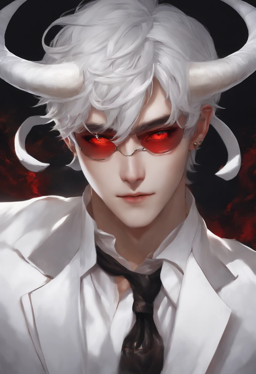 red eyes、an eye patch、white  hair、A beautiful boy in a white suit with horns on his head