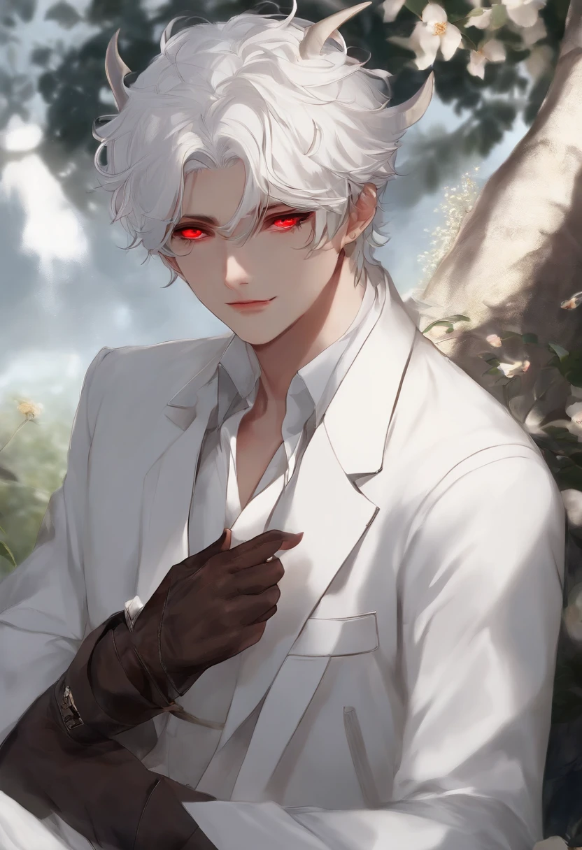 red eyes、an eye patch、white  hair、A beautiful boy in a white suit with horns on his head
