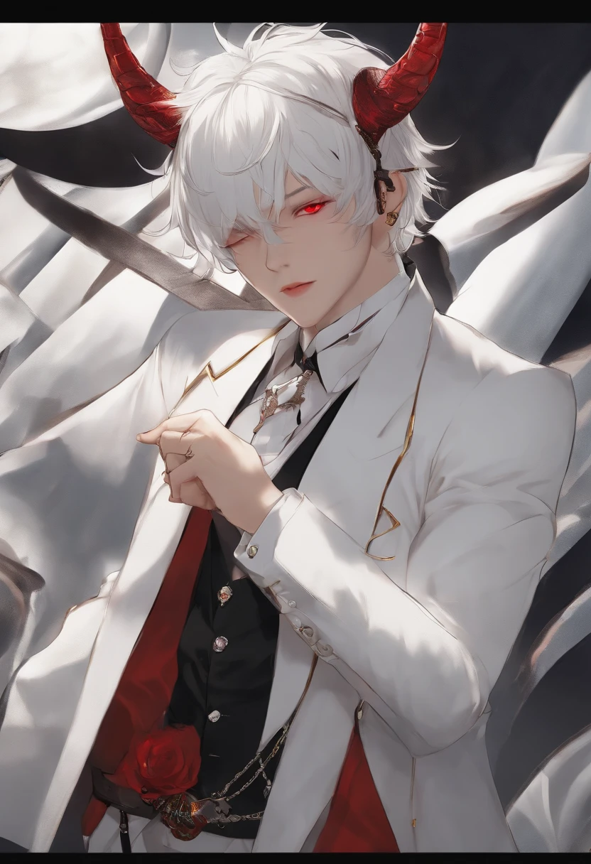 red eyes、an eye patch、white  hair、A beautiful boy in a white suit with horns on his head