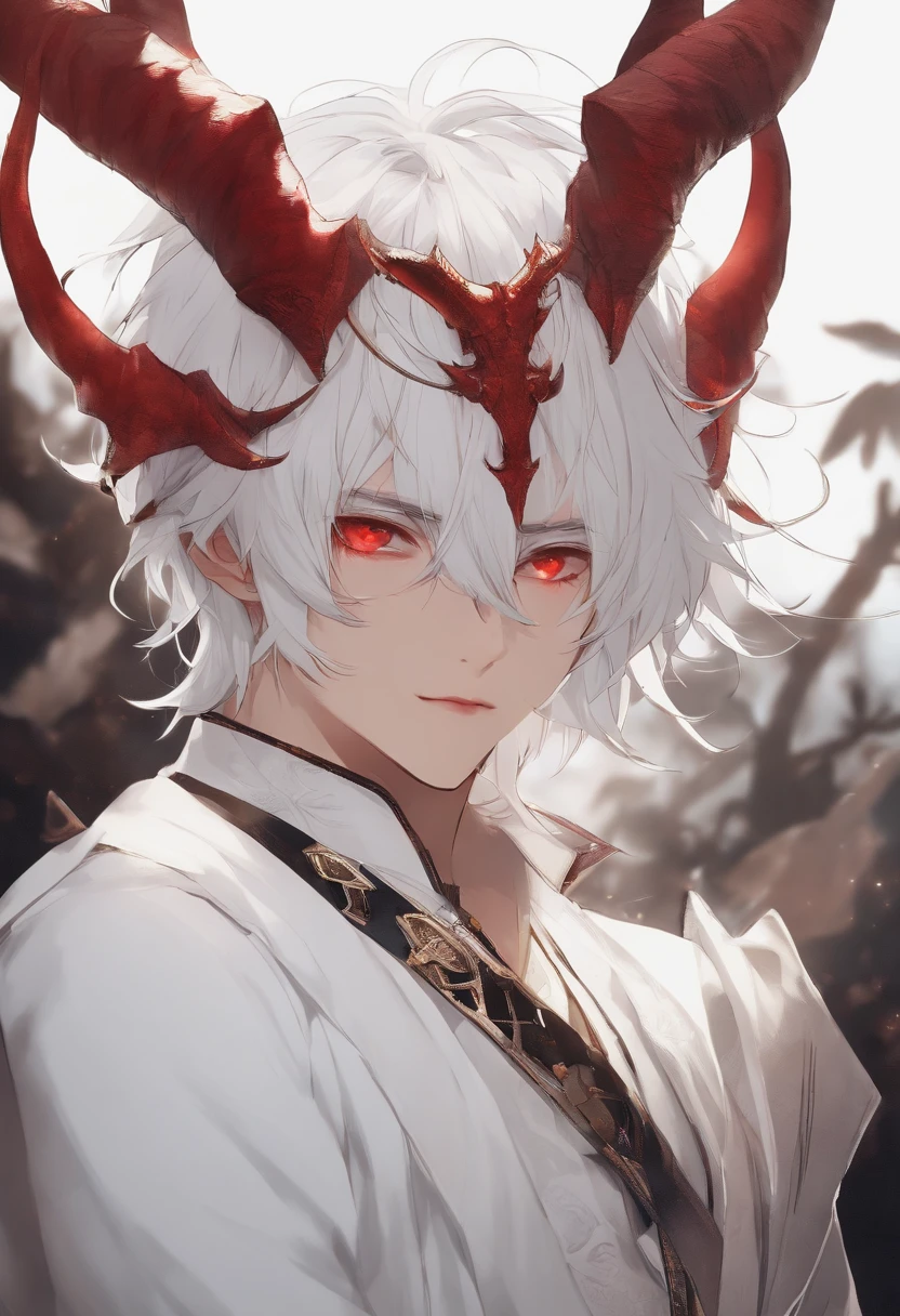 red eyes、an eye patch、white  hair、A beautiful boy in a white suit with horns on his head