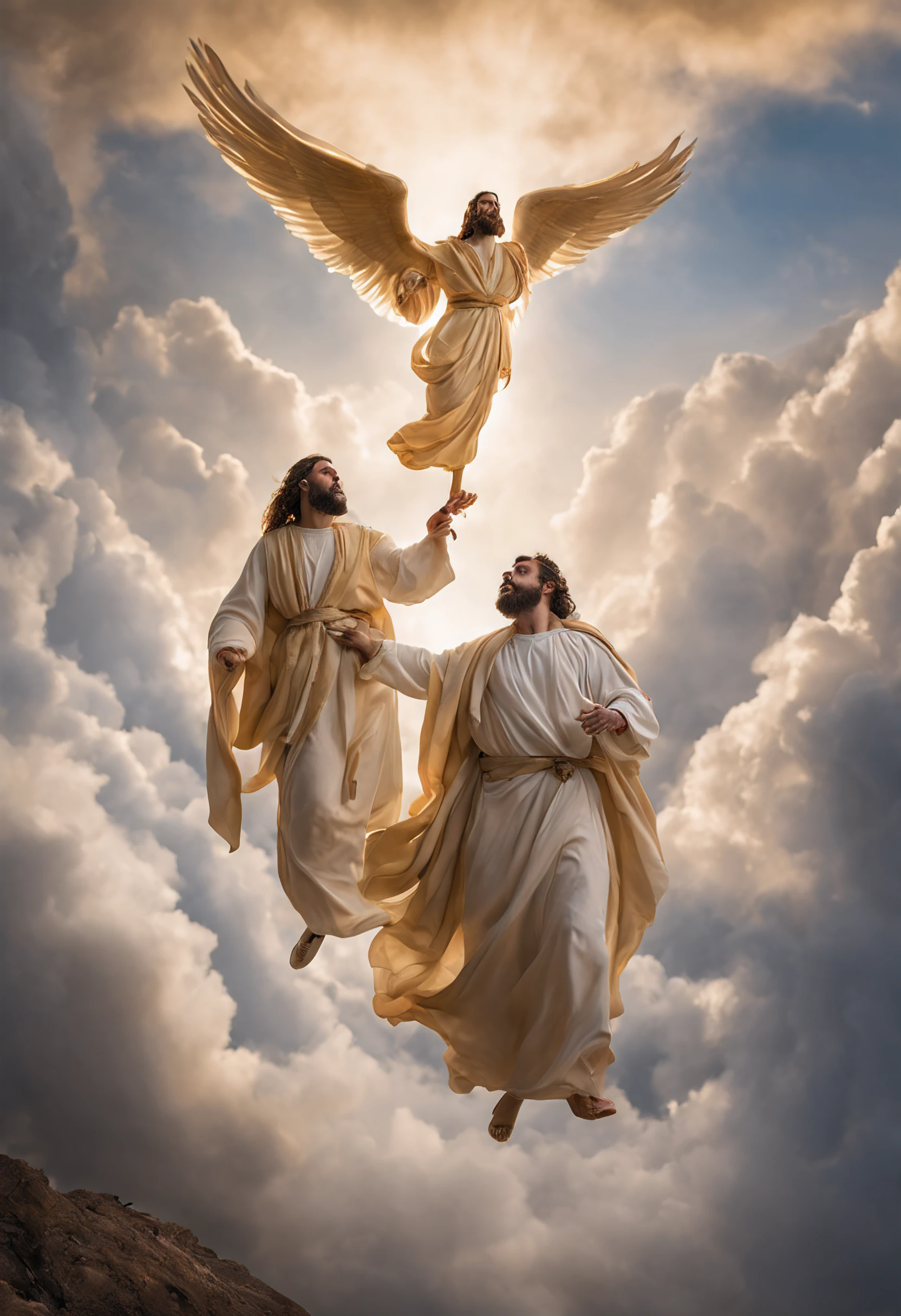 Angels of God descending and ascending stairs to earth and heaven