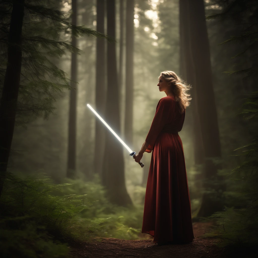 Taylor swift holding a jedi type lightsaber - Taylor Swift the American pop singer as a Jedi warrior wearing jedi robe like Rey skywalker from star wars. medium full shot, model photography in a dynamic pose. wears a utility jedi belt. backdrop is a mystical forest. Dramatic cinematography, star wars style poster. 8K, looking at camera, sc-fi photography, high definition, eye-catching detail. 8k, HD, cinematography, photorealistic, epic composition, Unreal Engine, Cinematic, Color Grading, Ultra-Wide Angle, Depth of Field, hyper-detailed, beautifully color-coded, insane details, intricate details, beautifully color graded, Unreal Engine, Cinematic, Color Grading, Editorial Photography, Photography, Photoshoot, Depth of Field, DOF, White Balance, 32k, Super-Resolution, Megapixel, ProPhoto RGB, VR, Halfrear Lighting, Backlight, Natural Lighting, Incandescent, Optical Fiber, Moody Lighting, Cinematic Lighting, Studio Lighting, Soft Lighting, Volumetric, Contre-Jour, Beautiful Lighting, Accent Lighting, Global Illumination, Screen Space Global Illumination, Ray Tracing Global Illumination, Optics, Scattering, Glowing, Shadows, Rough, Shimmering, Ray Tracing Reflections, Lumen Reflections, Screen Space Reflections, Diffraction Grading, Chromatic Aberration, GB Displacement, Scan Lines, Ray Traced, Ray Tracing Ambient Occlusion, Anti-Aliasing, FKAA, TXAA, RTX, SSAO, Shaders, OpenGL-Shaders, GLSL-Shaders, Post Processing, Post-Production, Cel Shading, Tone Mapping, CGI, VFX, SFX, insanely detailed and intricate, hypermaximalist, elegant, hyper-realistic, super detailed, dynamic pose, photography --v 5.2 --ar 3:4