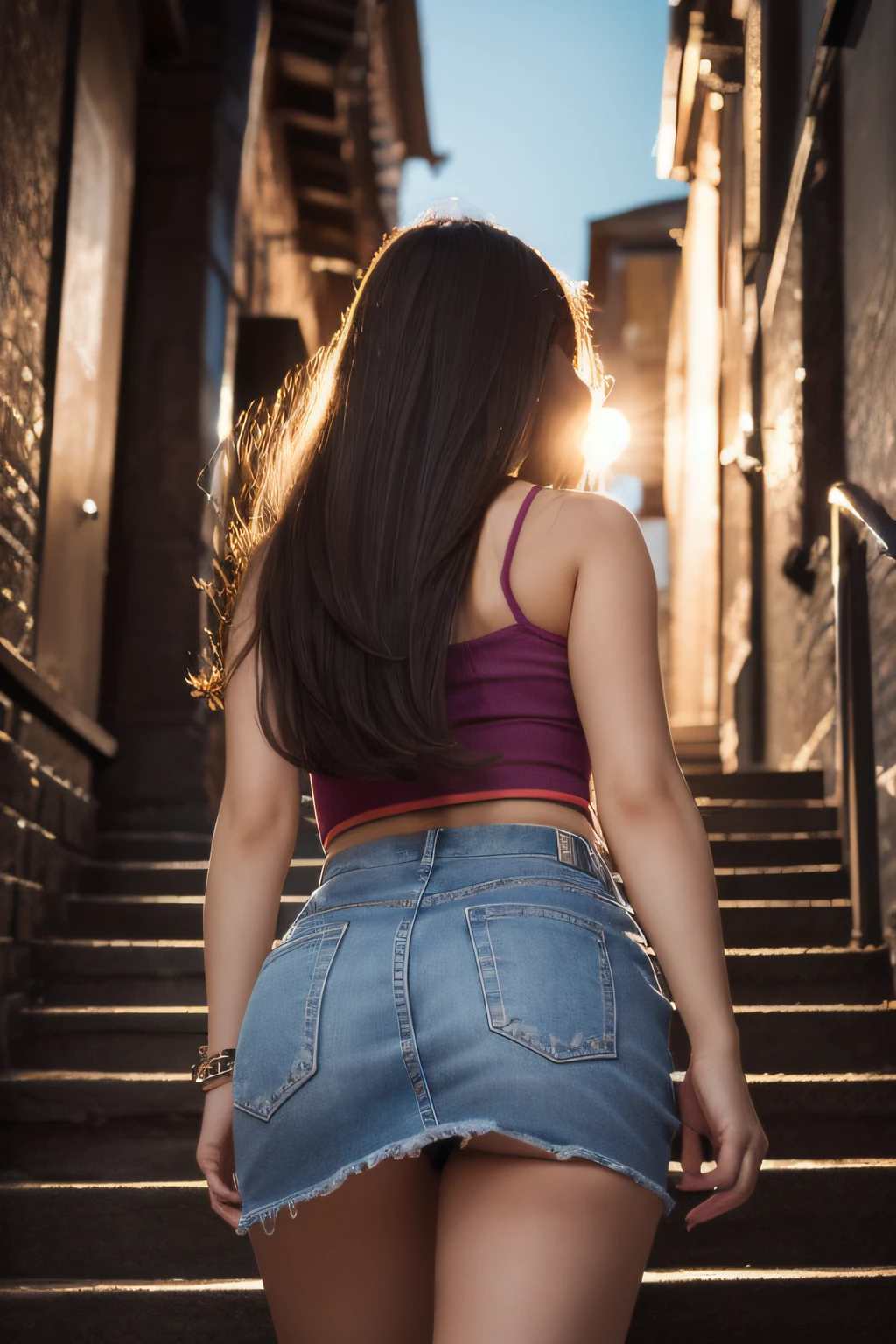 A beautiful girl in a miniskirt quickly running up the stairs, view from behind of her, leaving me behind. Illustration, high-quality rendering, ultra-detailed, realistic. The girl has beautiful detailed eyes, beautiful detailed lips, and an extremely detailed face. She has long eyelashes that enhance her appearance. She is wearing a stylish outfit that perfectly matches her energetic and confident personality. The scene is illuminated by soft studio lighting that highlights the girl's features. The colors are vibrant and vivid, adding to the overall lively atmosphere.