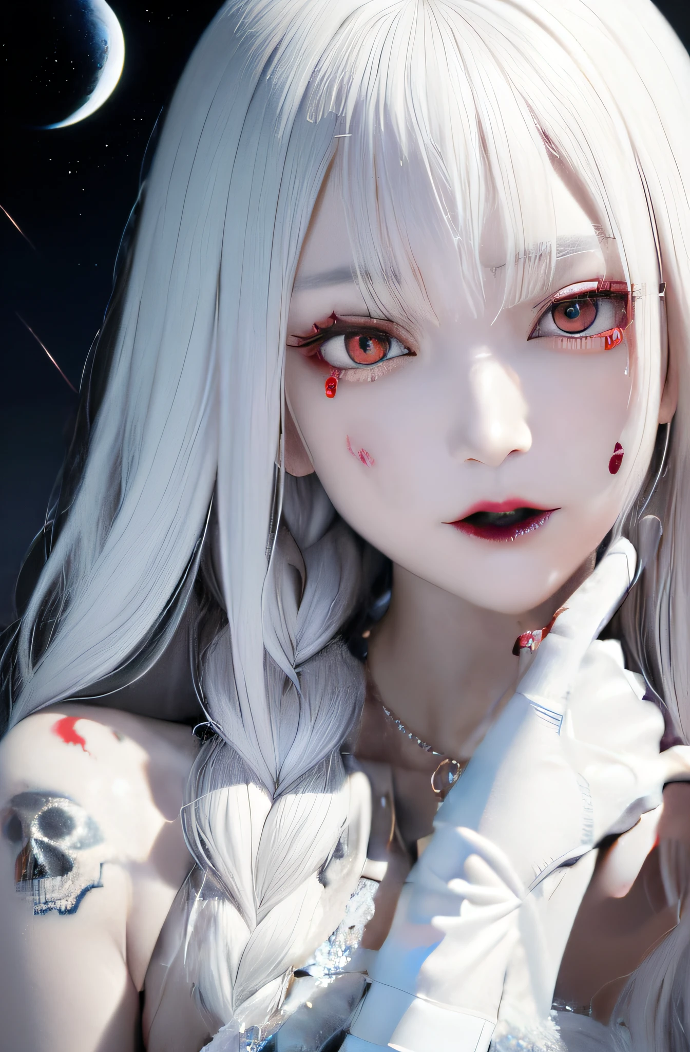 (masterpiece:1.3),(best quality:1.2),8k,absurdres,unity 8k wallpapper,(extremely detailed:1.3),highestres,
1girl,fangs,cute,white hair,upper body, blood on face, blood from mouth, gothic, red eyes,