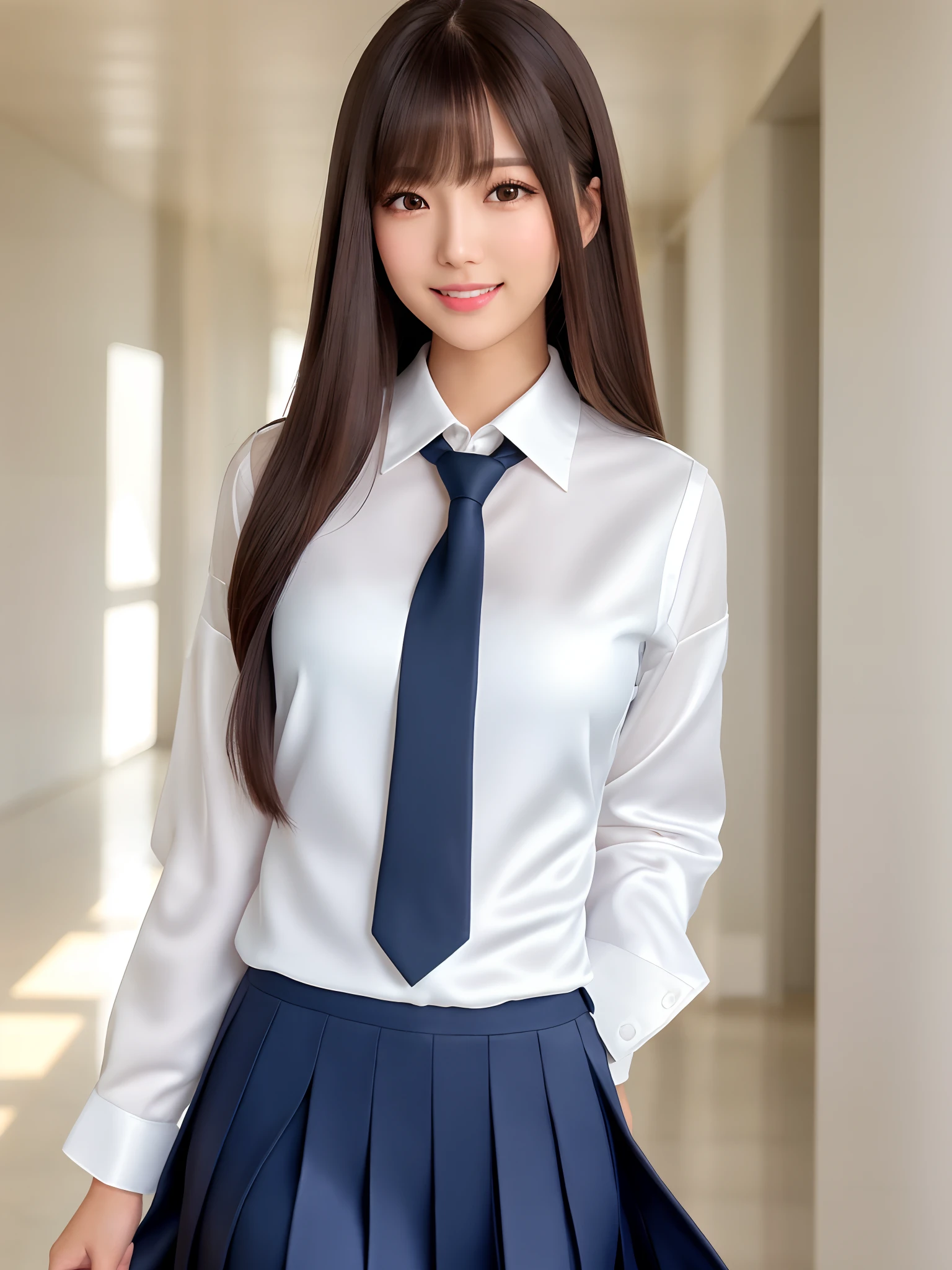 product quality, 1girl, upper body shot, front view, a Japanese young pretty woman, long bob hair, walking with a big smile on a school hallway in the sunset, a school bag over her shoulder, glamorous figure, wearing a long sleeve white collared silky satin shirt with shiny satin dark blue plain long tie, wearing a dark blue pleated long skirt, hyper cute face, glossy lips, double eyelids in both eyes, natural makeup, long eyelashes, shiny smooth light brown long bob hair, asymmetrical bangs, a tanned skin, central image, high resolution, high detail, detailed hairstyle, detailed face, spectacular cinematic lighting, octane rendering, vibrant, hyper realistic, perfect limbs, perfect anatomy