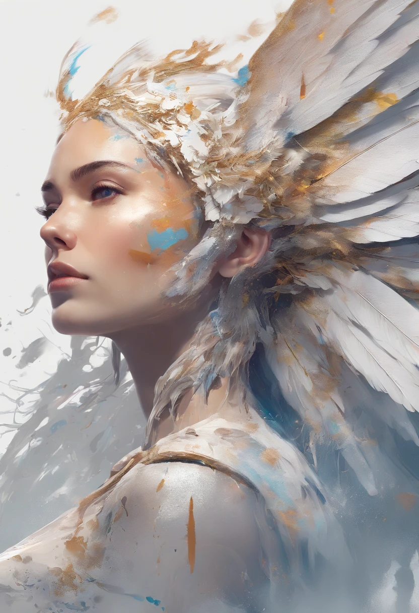 Splash art, a woman with angel wings, ((white background)), piercing eyes, epic Instagram, artstation, splash style of colorful paint, contour, hyperdetailed intricately detailed , unreal engine, fantastical, intricate detail, splash screen, complementary colors, fantasy concept art, 8k resolution, deviantart masterpiece, oil painting, heavy strokes, paint dripping, splash arts