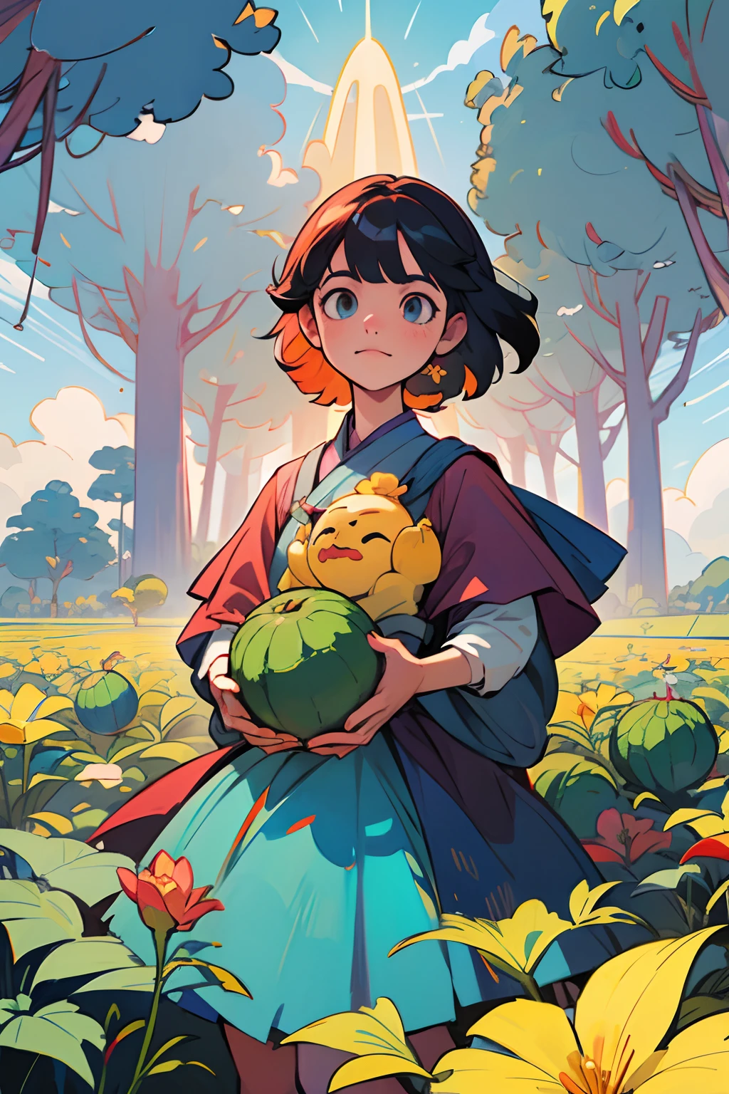 Arte inspirada no estilo do artista U-jin,eyesight, (three tas: 2) Stable diffusion is the best image quality, Morning sunshine, Spring scenery, orvalho e flores, cabelo voador, Vivendo em uma terra de sonhos de cogumelos e contos de fadas, Viajando, Executando, e rindo. caminho da floresta