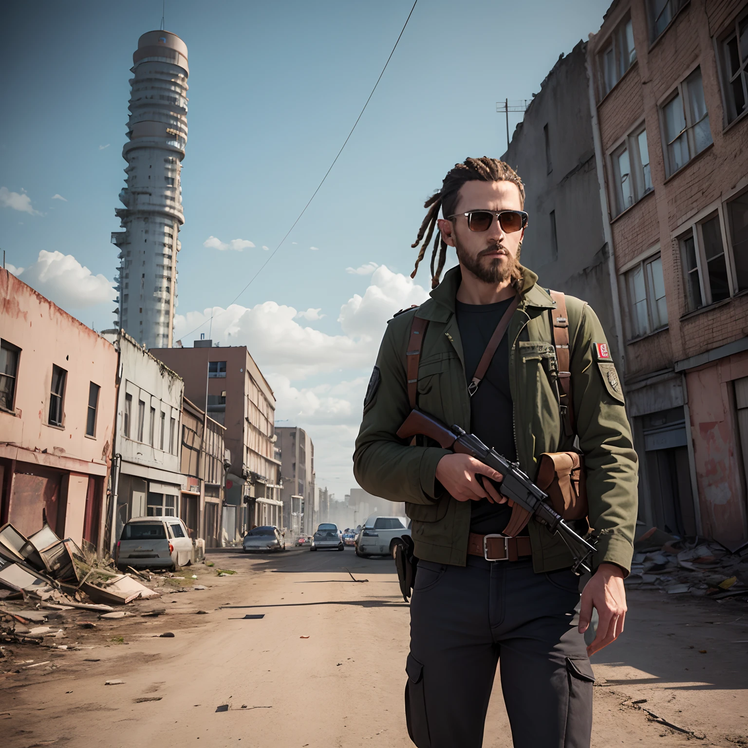 Dayz, Homme blanc, dreadlocks and hair shaved on the sides, dans un paysage apocalyptique, des zombies, photoreallistic, tchernobyl , centre ville, Dilapidated buildings, URSS ,ak-47 avec silencieux et lunettes x4, une hache de pompier dans le dos , un sac a dos militaire