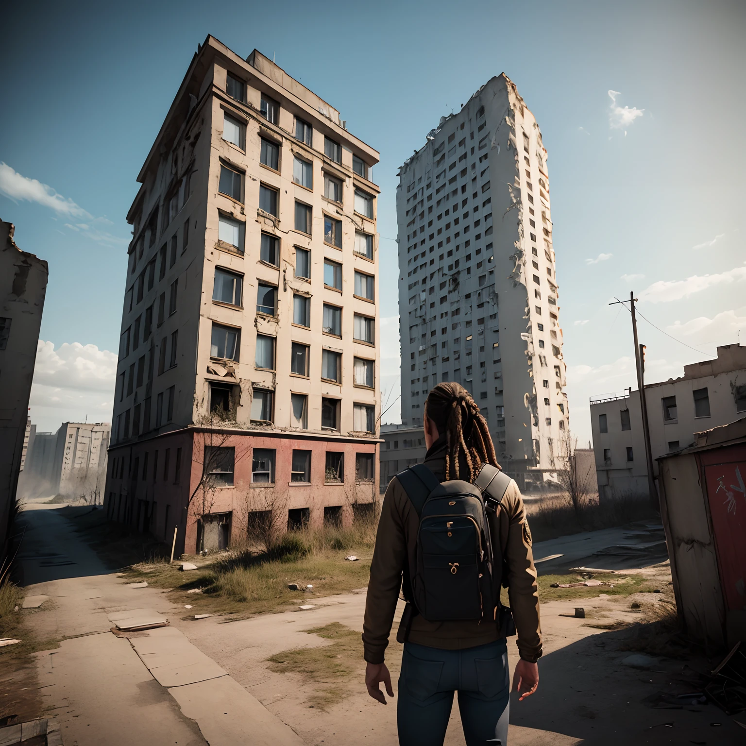 Dayz, Homme blanc, dreadlocks and hair shaved on the sides, dans un paysage apocalyptique, des zombies, photoreallistic, tchernobyl , centre ville, Dilapidated buildings, URSS ,ak-47 avec silencieux et lunettes x4, une hache de pompier dans le dos , un sac a dos militaire