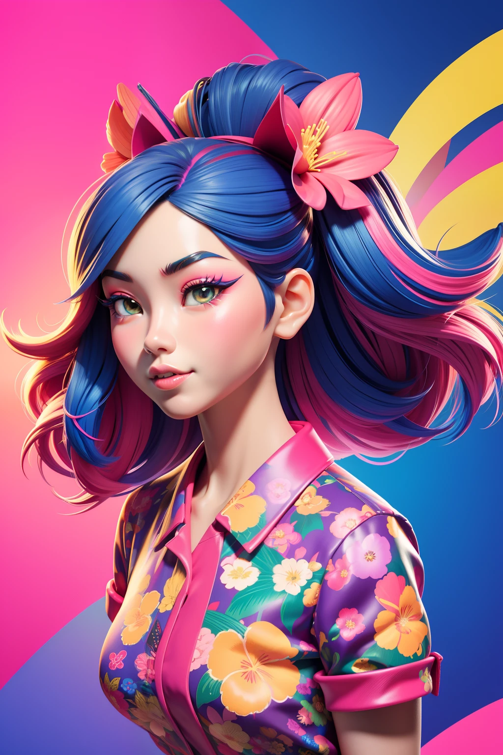3dmm style, Create digital artwork in the Pop Art style, Featuring a vibrant and confident young Asian girl,street fashion, Movie color scheme, Surrounded by vintage flower motifs, Vibrant brushstrokes,Emotions should be dynamic, Upper body, Drawing, illustration, escala cinza, tropical, Many flowers,