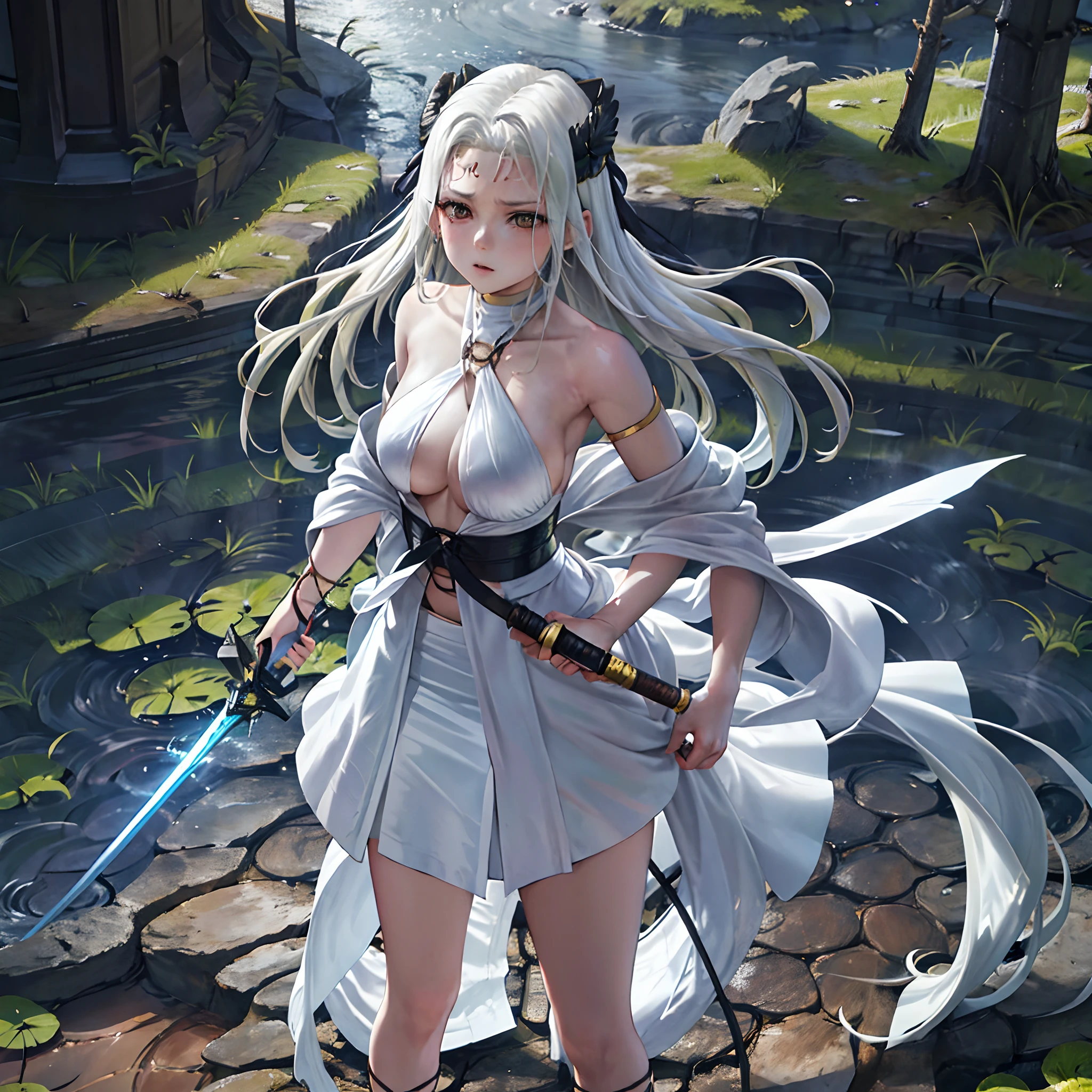 Raw photo of a female samurai, Standing in a fighting posture, with a sword drawn from a sheath in his hands, Pronto para a batalha, em traje samurai completo (quimono) (Vento em uma floresta de bambu), (o vento levantou as folhas), um corte no ombro ( Alto Detalhe da Pele: 1.2), 8k UHD, SLR camera, soft lighting, alta qualidade, filmic grain, Fujifilm XT3