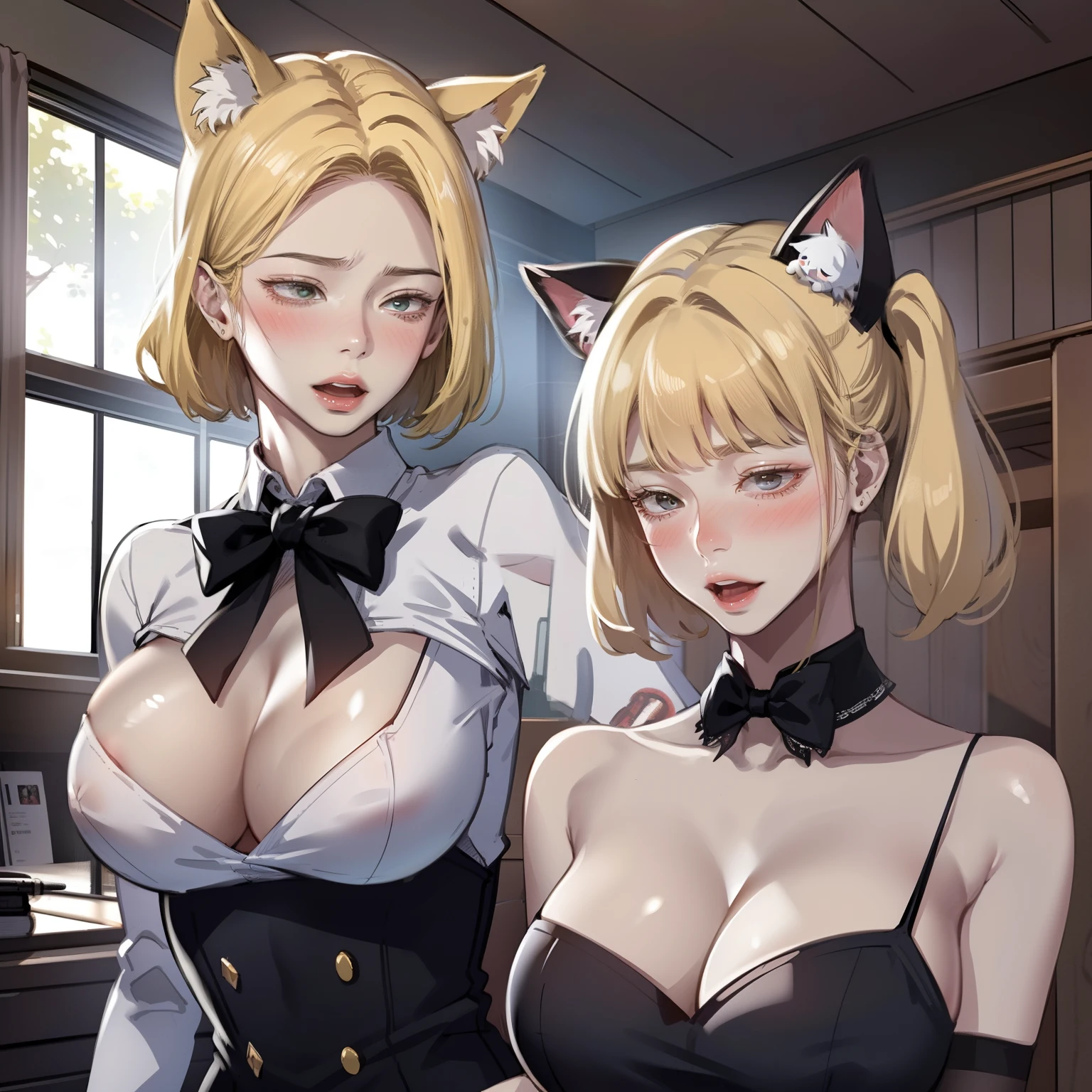 NSFW, masutepiece, (Best Quality:1.2), (Sharp Focus:1.2),, 1 girl, Slim Girl,, (Blonde|light_Yellow hair), Cat ears,, Detailed face, 年轻|Cute face, blush, Evil smile,, Natural breasts, Thin arms,, White collared shirt and black tie, Black Choker,, In a modern office, Indoor