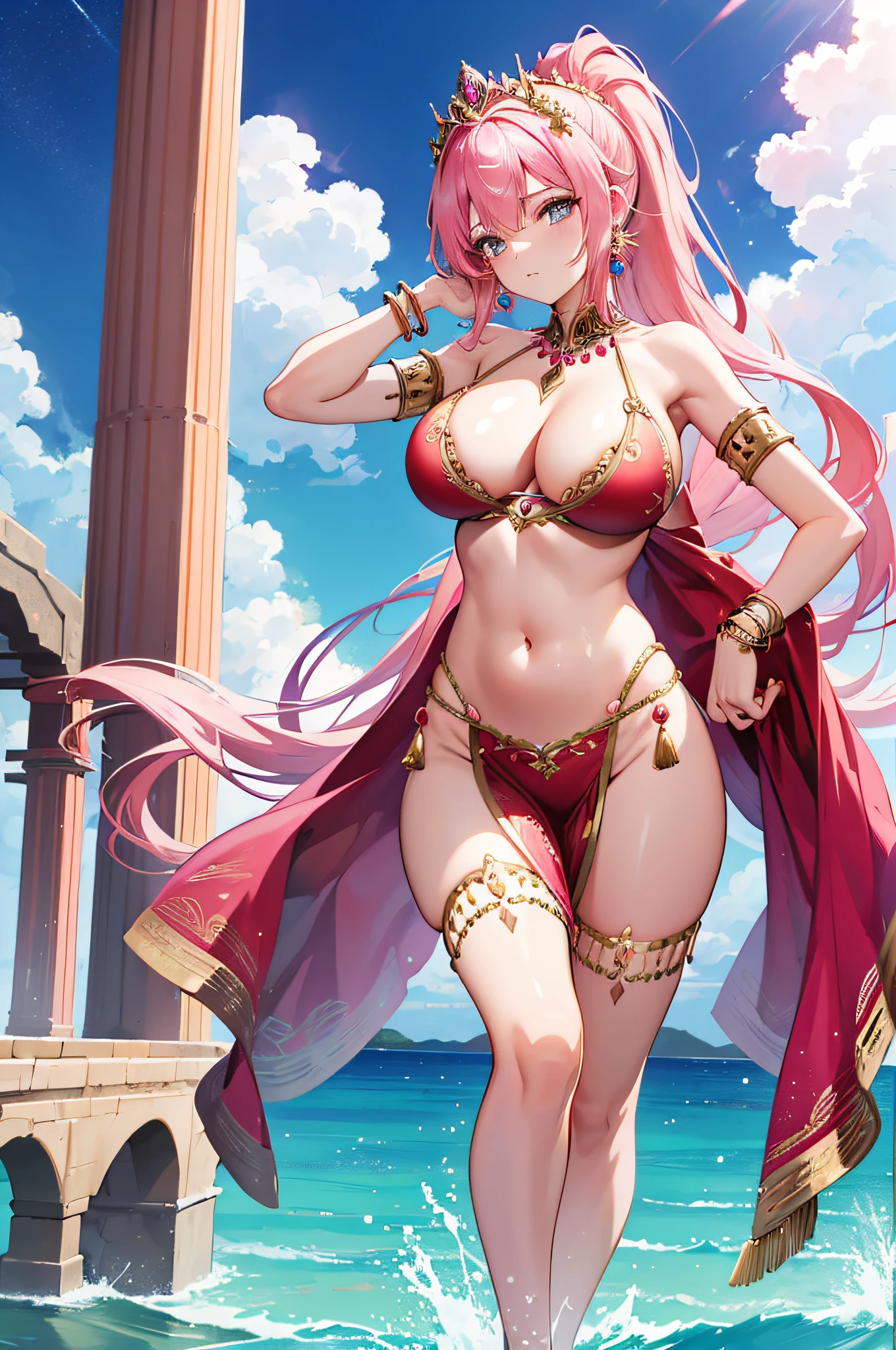 4k.hight resolution,One Woman,Pink hair,Short ponytail,huge tit,Arabian princess,Pink Arabian Dancer Dress,Navel Ejection,Gold Bracelet Red,Gemstone Earrings,jeweled costume,The Queen's Tiara,Inside the palace