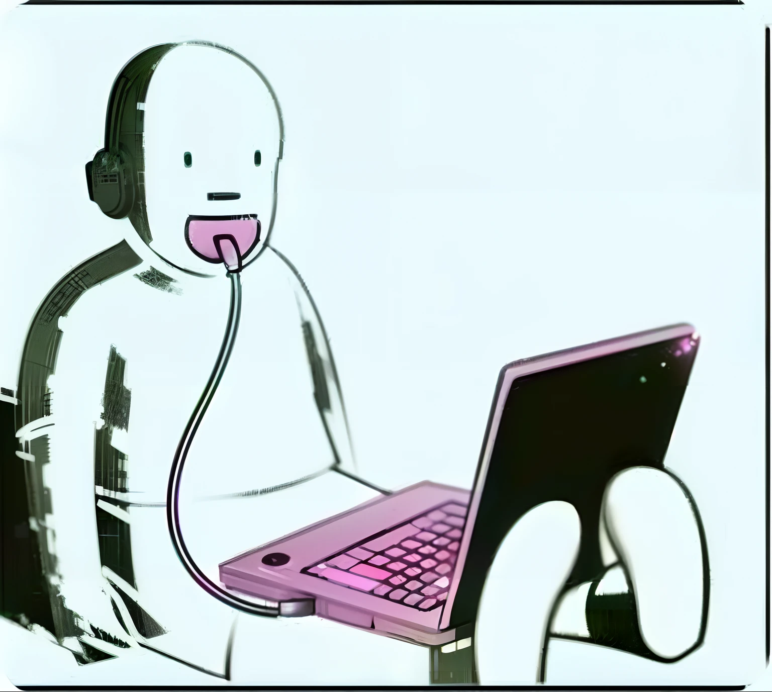 A man sitting on a chair with a laptop computer, In front of the Internet, com uma xupeta conectado no computador, ele tem uma xupeta conectado no computador, sentado em um computador, technological anguish, sentado em frente ao computador, na frente de um computador, com fones de ouvido, technological, Humorous illustration, Directed by: Gavin Hamilton, Directed by: Rafael Ritz, Usando fones de ouvido, headphones on head, computador humano