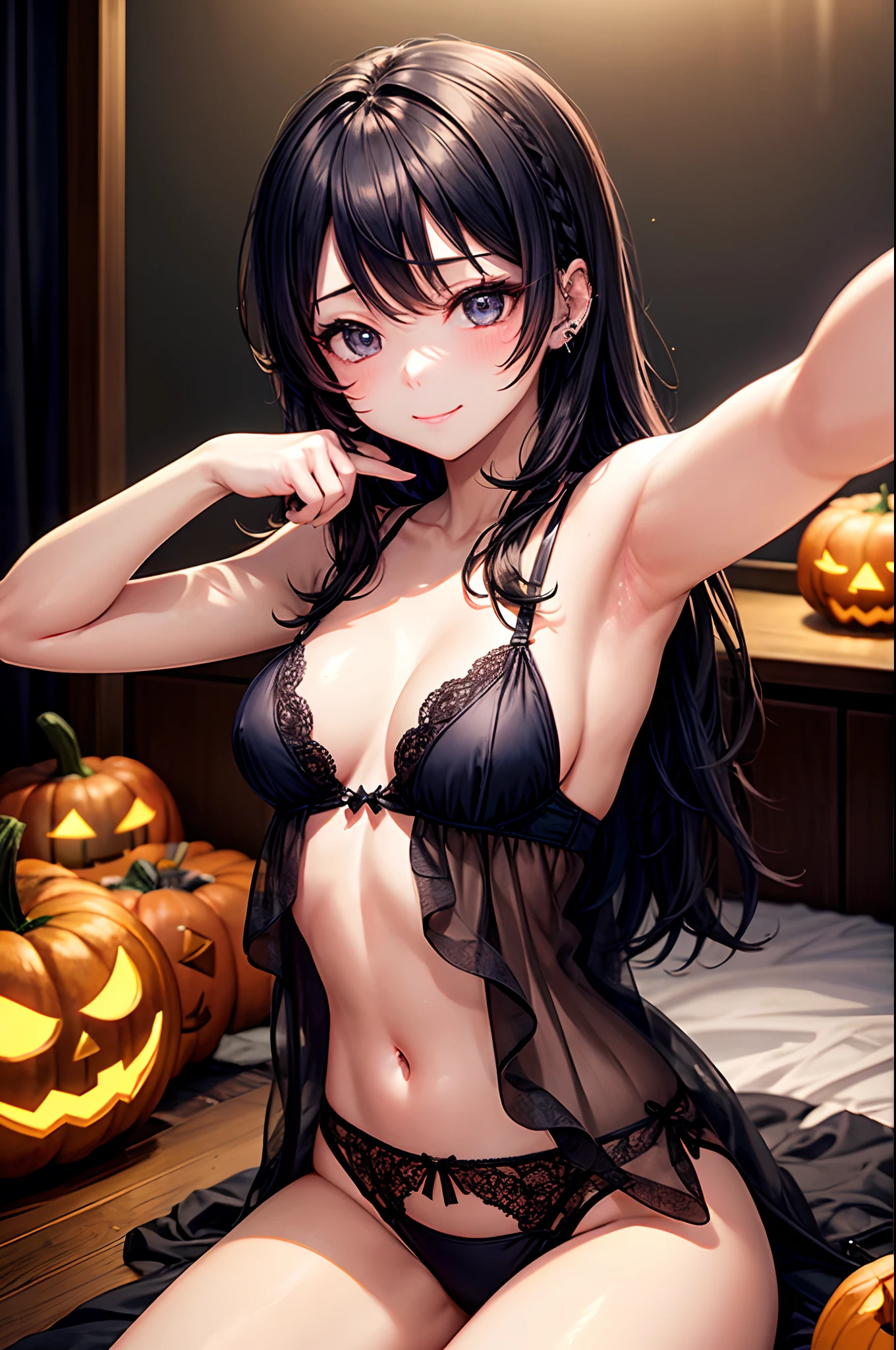 realisitic、top-quality、 1 人、18year old、Fancy Color Hair、piercings、Shy face、Halloween、fancy dress、Fancy underwear、beautiful boob 、selfee、Nyan Nyan Pose、hotels room、Particles of light、profetional lighting